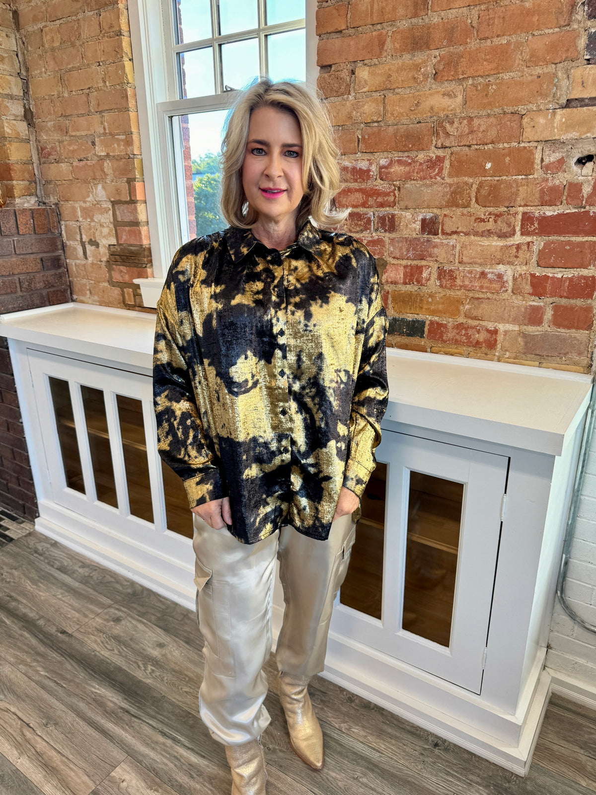 Golden Metallic Button Up Top — Extremely Refined Boutique