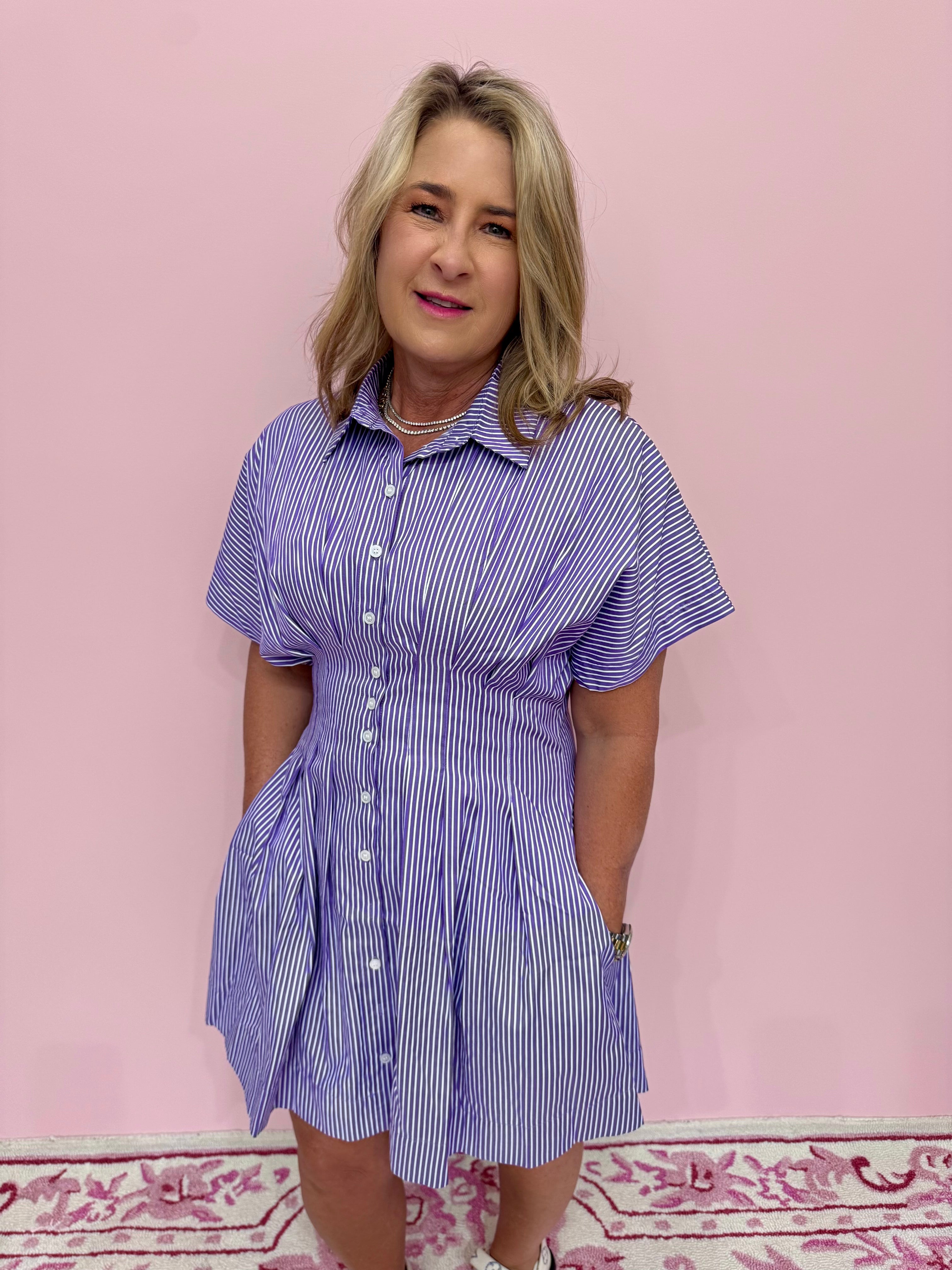 Pleated Striped Shirt Dress