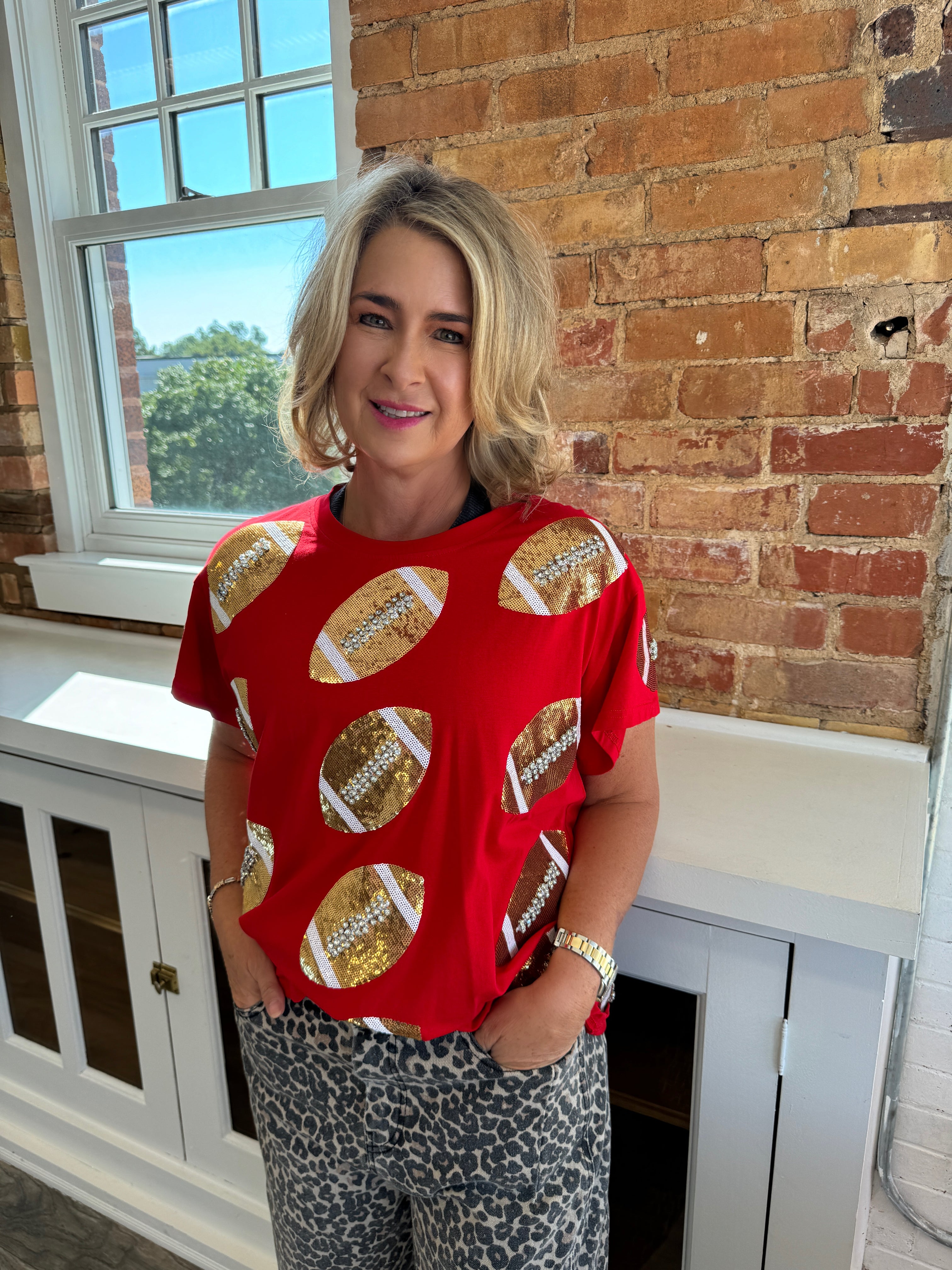 Red & Gold Rhinestone Football Tee