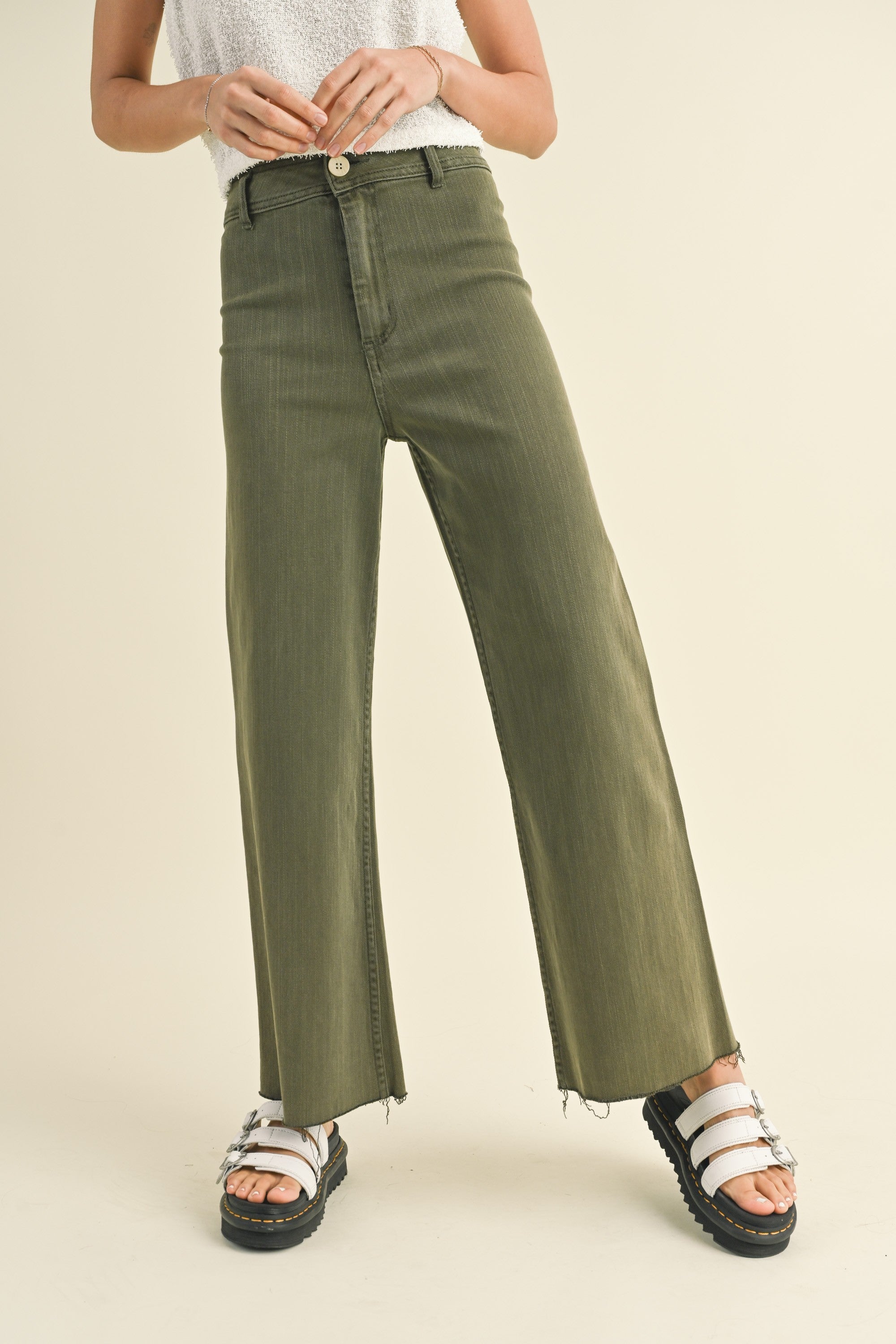 Straight Wide Leg Denim Pants Olive