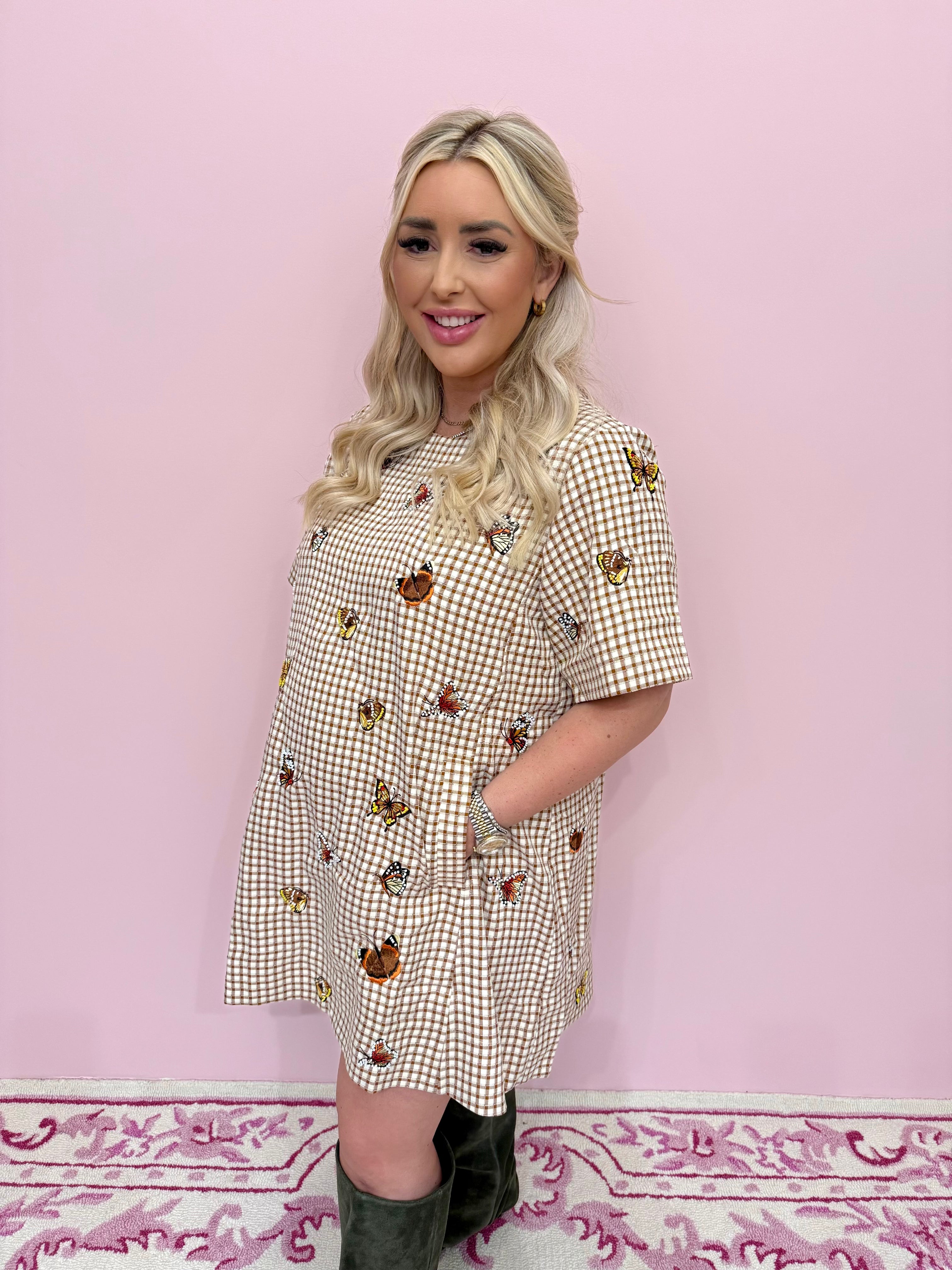 Brown Plaid Butterfly Short Sleeve Dress - Queen Of Sparkles