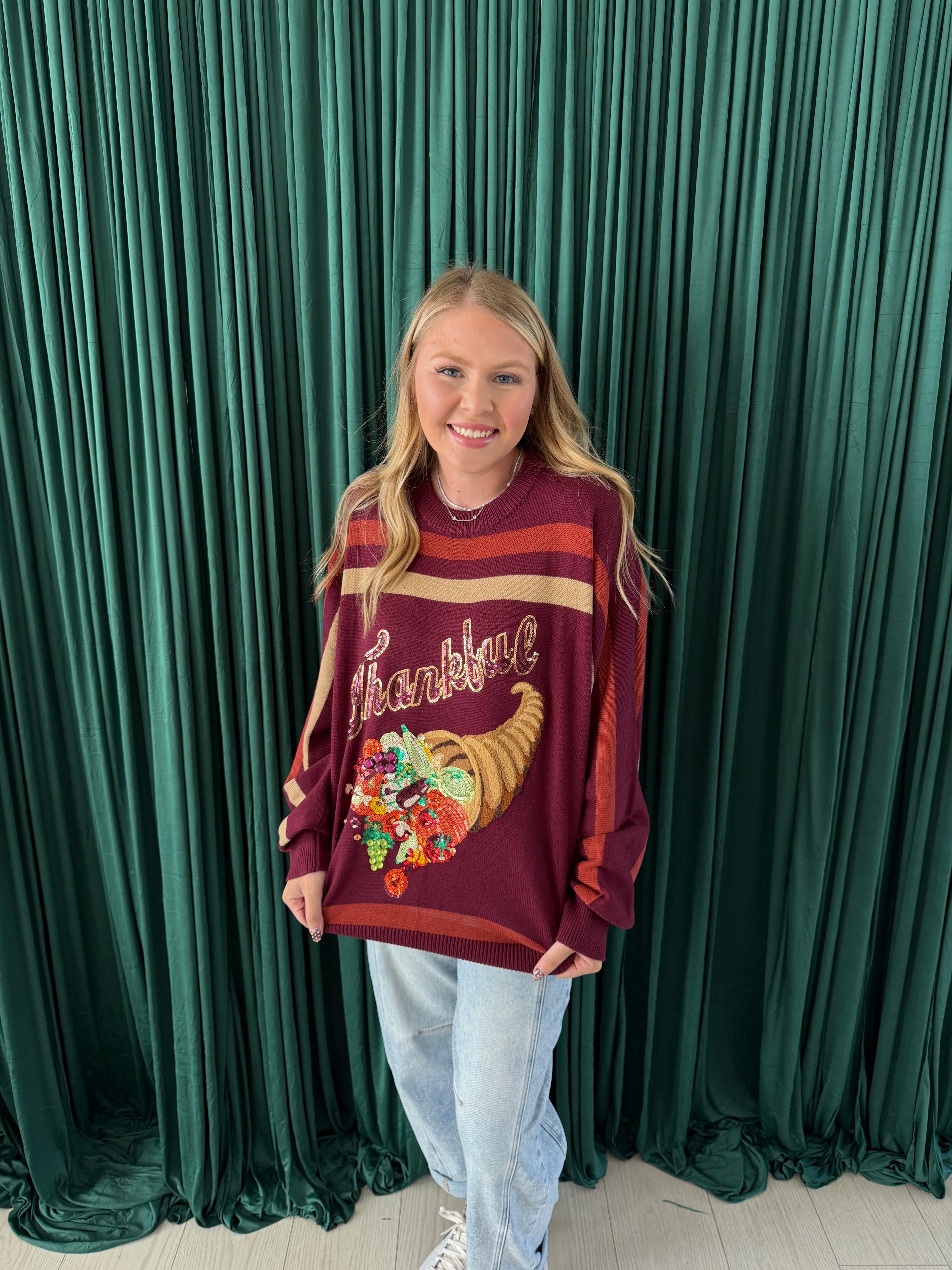 Marron Thanksgiving Cornucopia Stripe Sweater - QOS