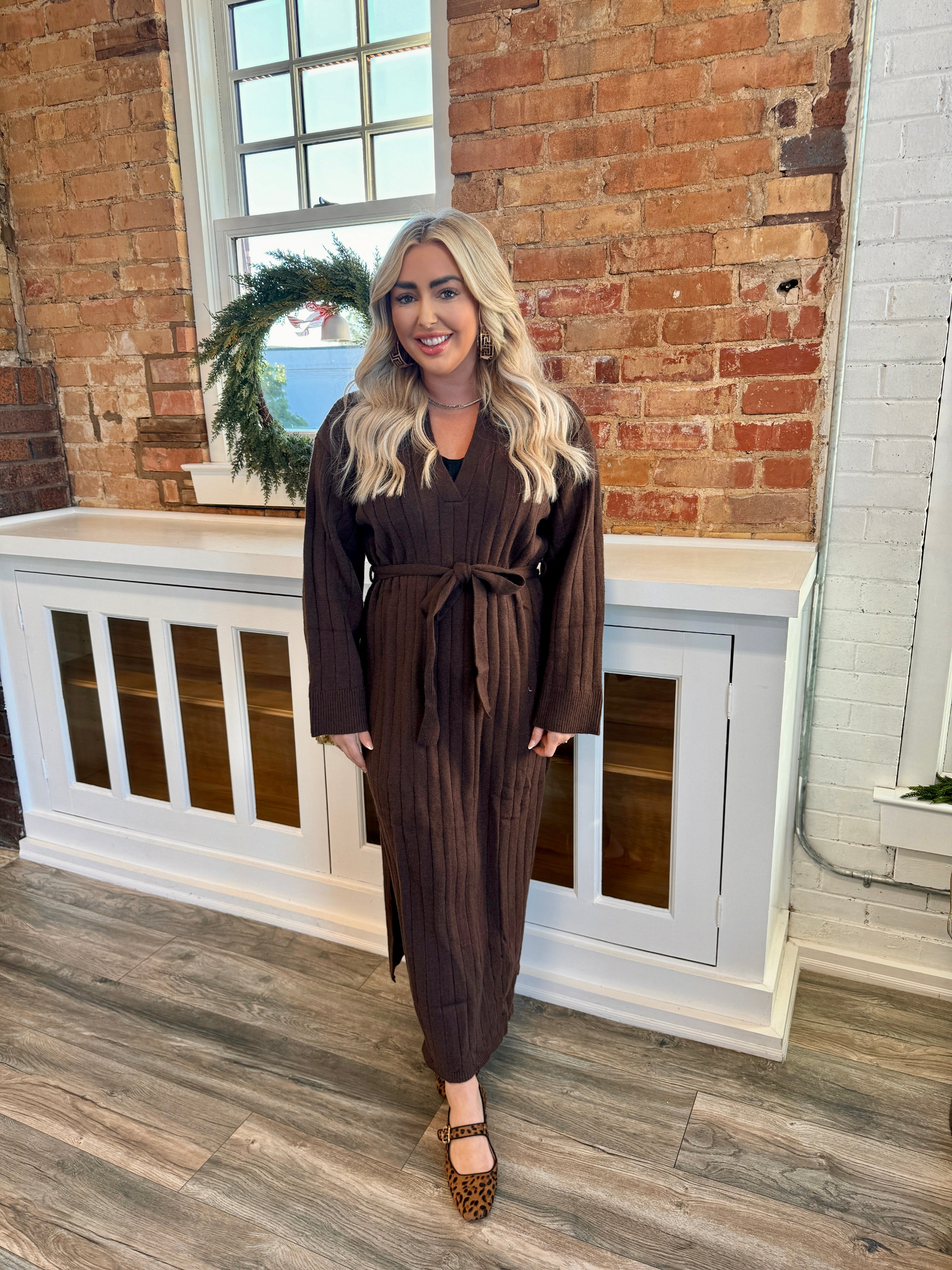 brown sweater midi dress The Pepper Ribbed Midi Sweater Dress