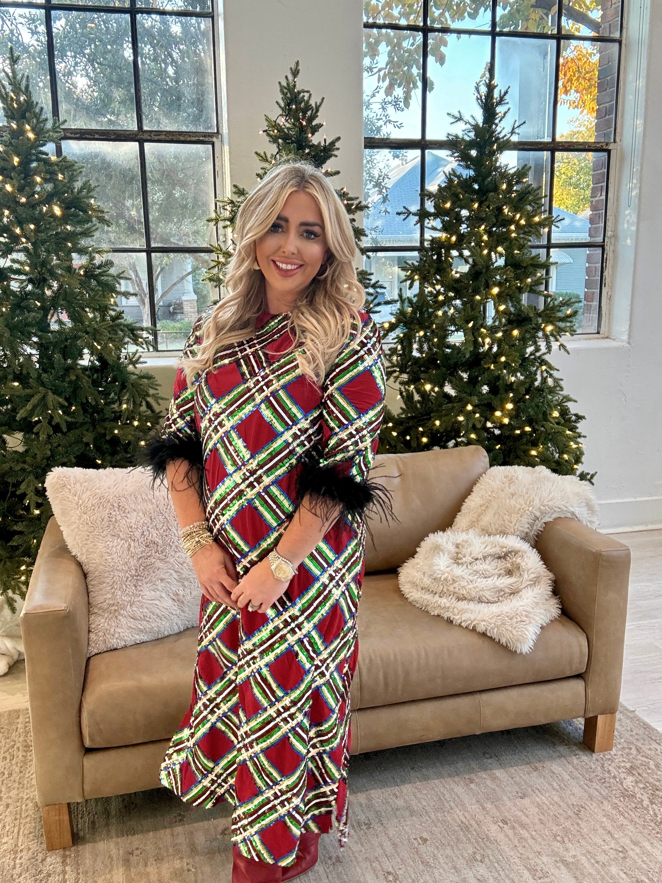 BC Sequin Tartan Midi Dress