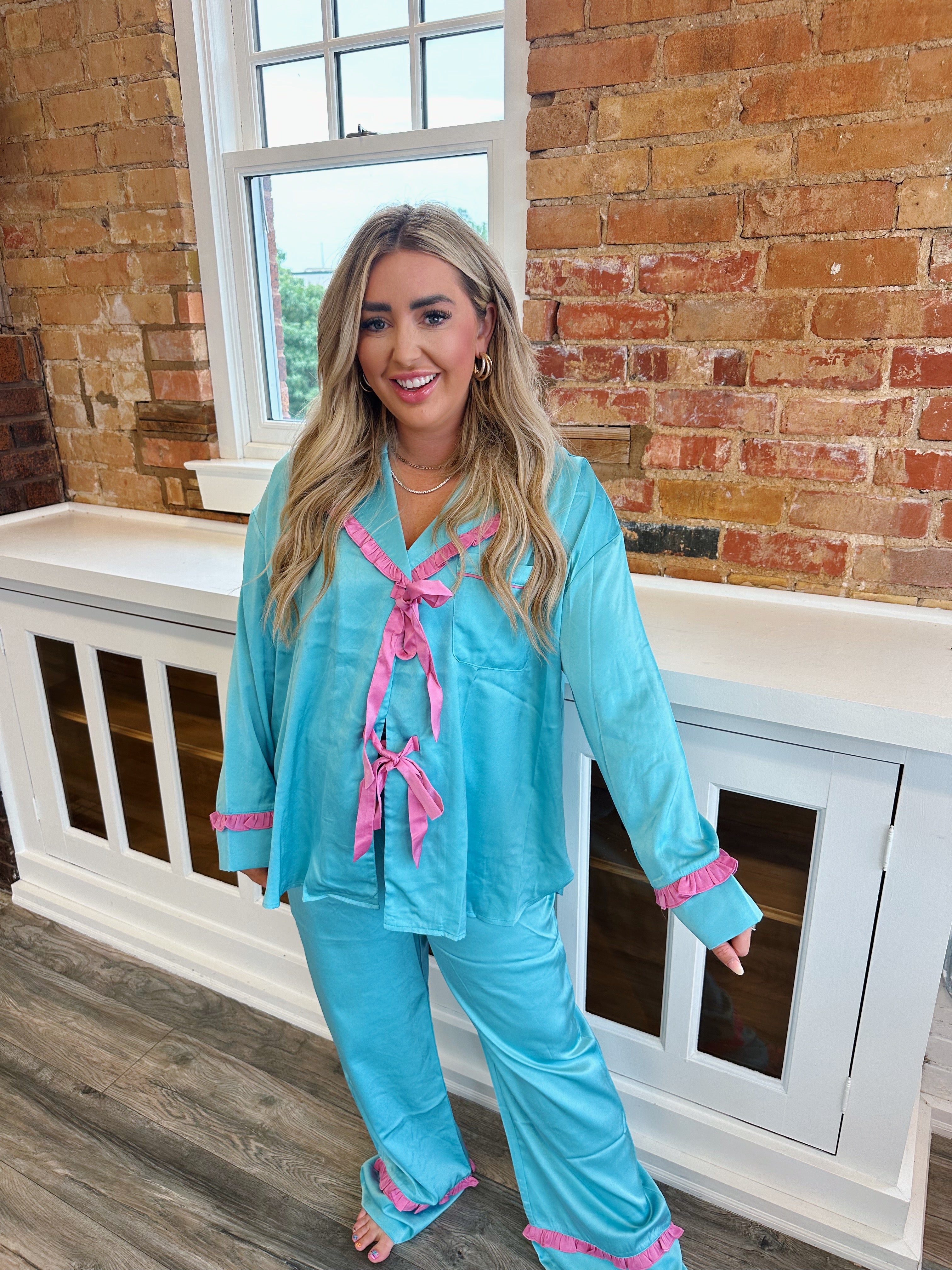 Vintage Satin Tie Ruffle Pajama Set