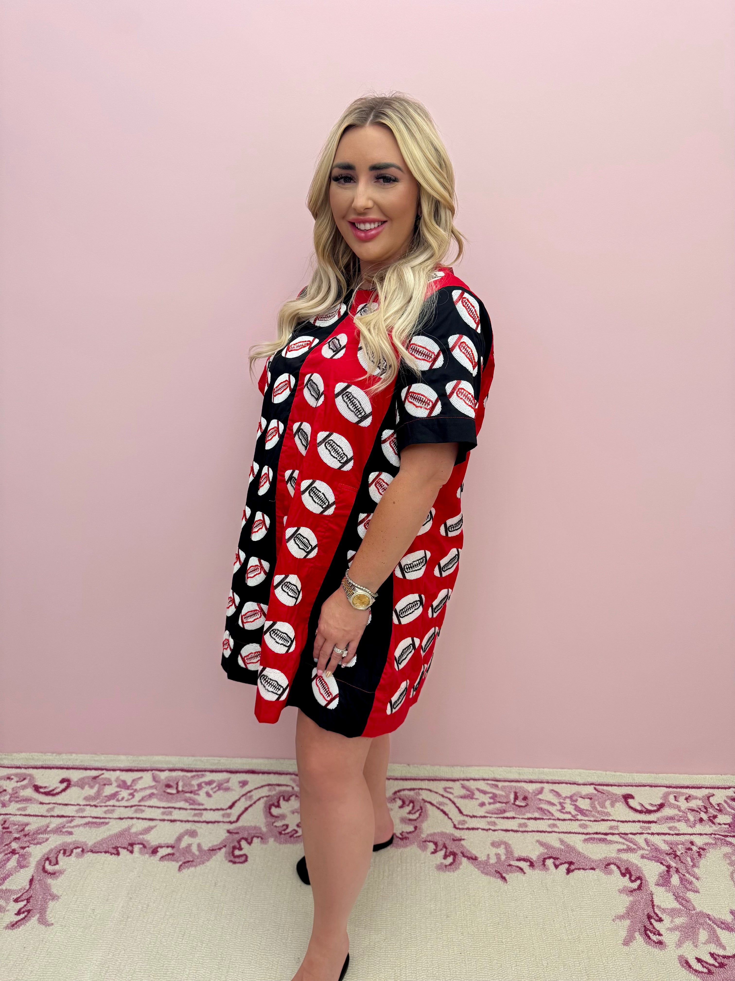 Red & Black Colorblock Football Short Sleeve Dress-Queen Of Sparkles