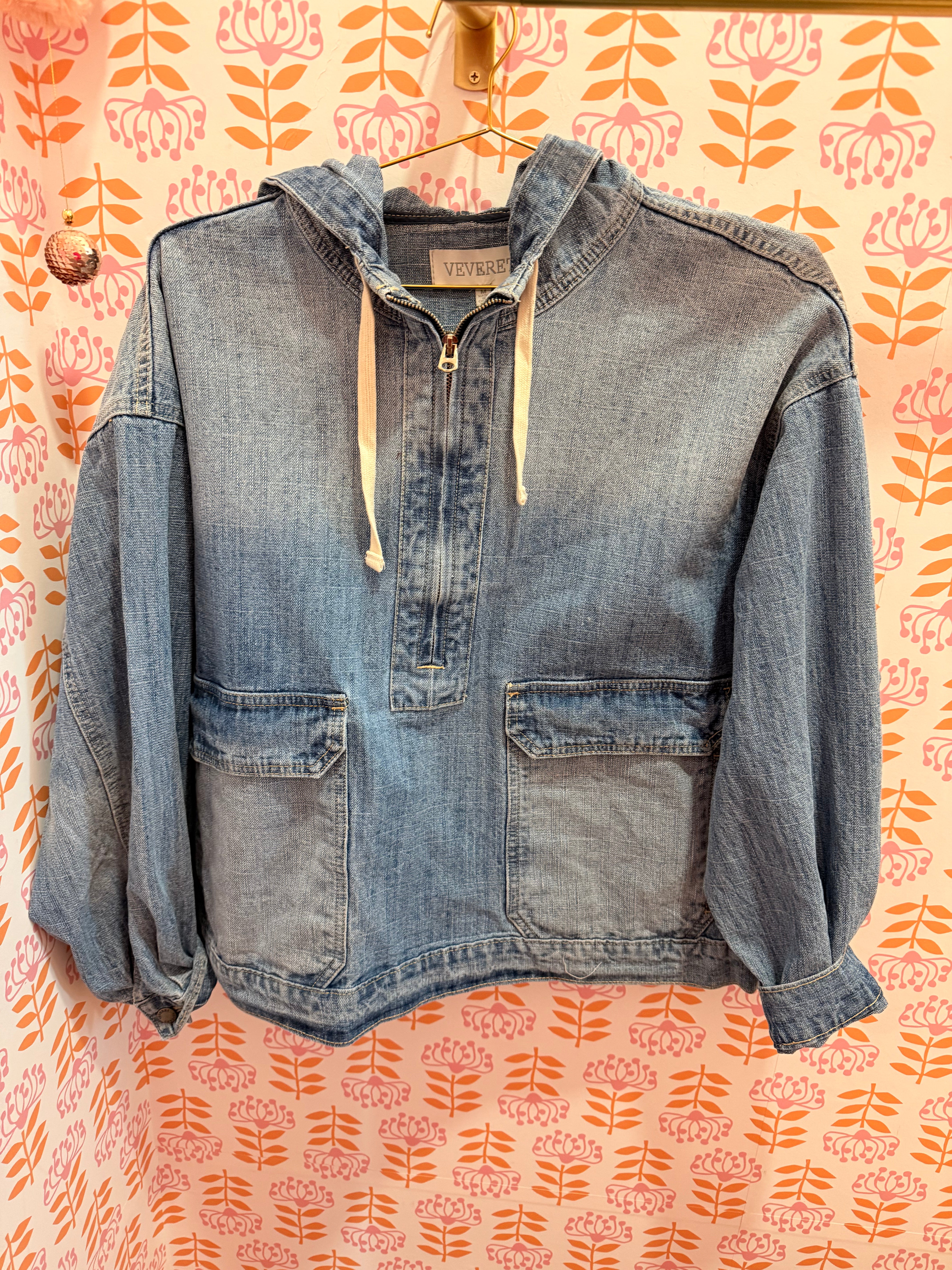 Hooded Quarter zip Denim Jacket