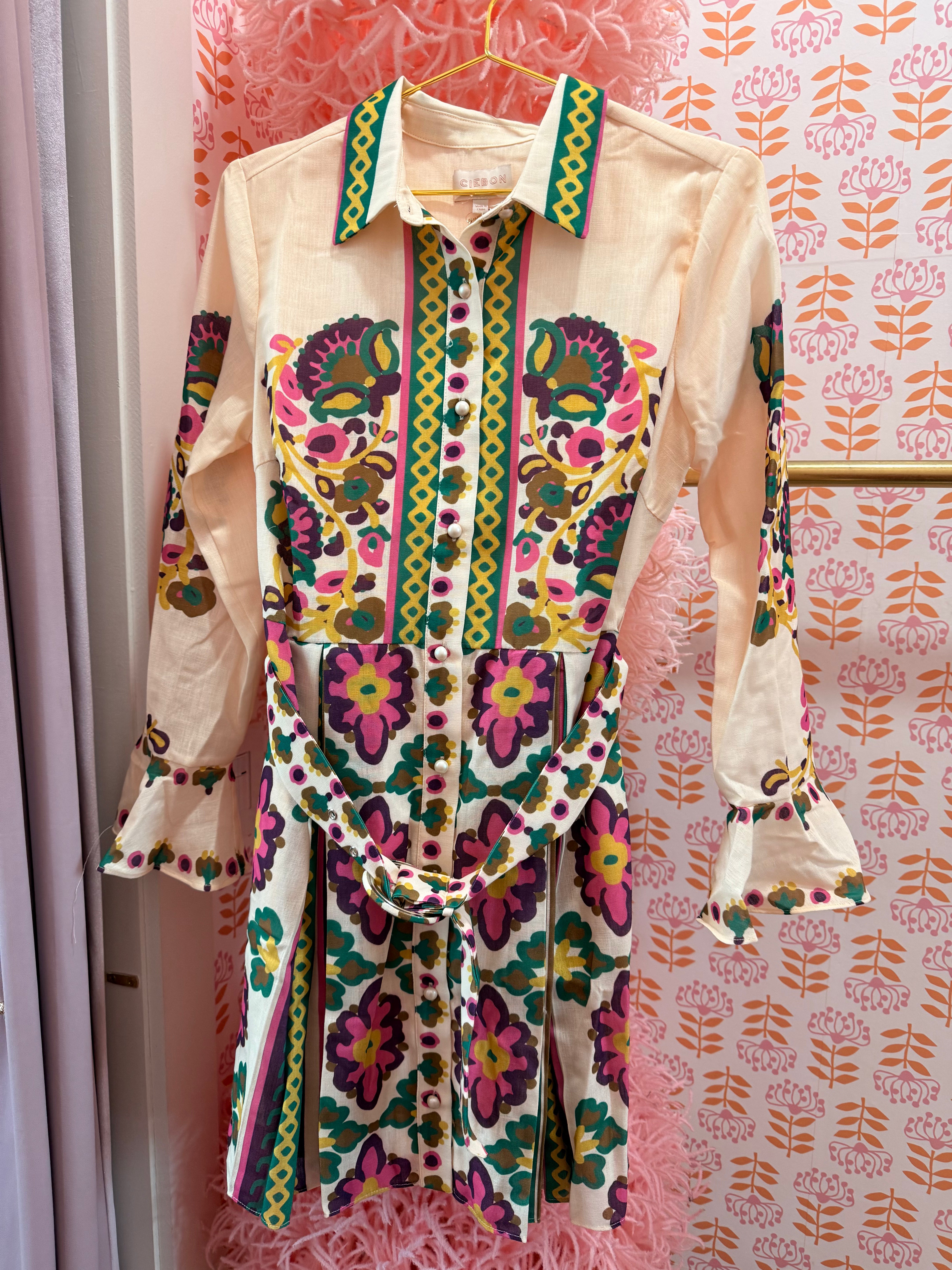 Printed Mini Shirt Dress with Pleats