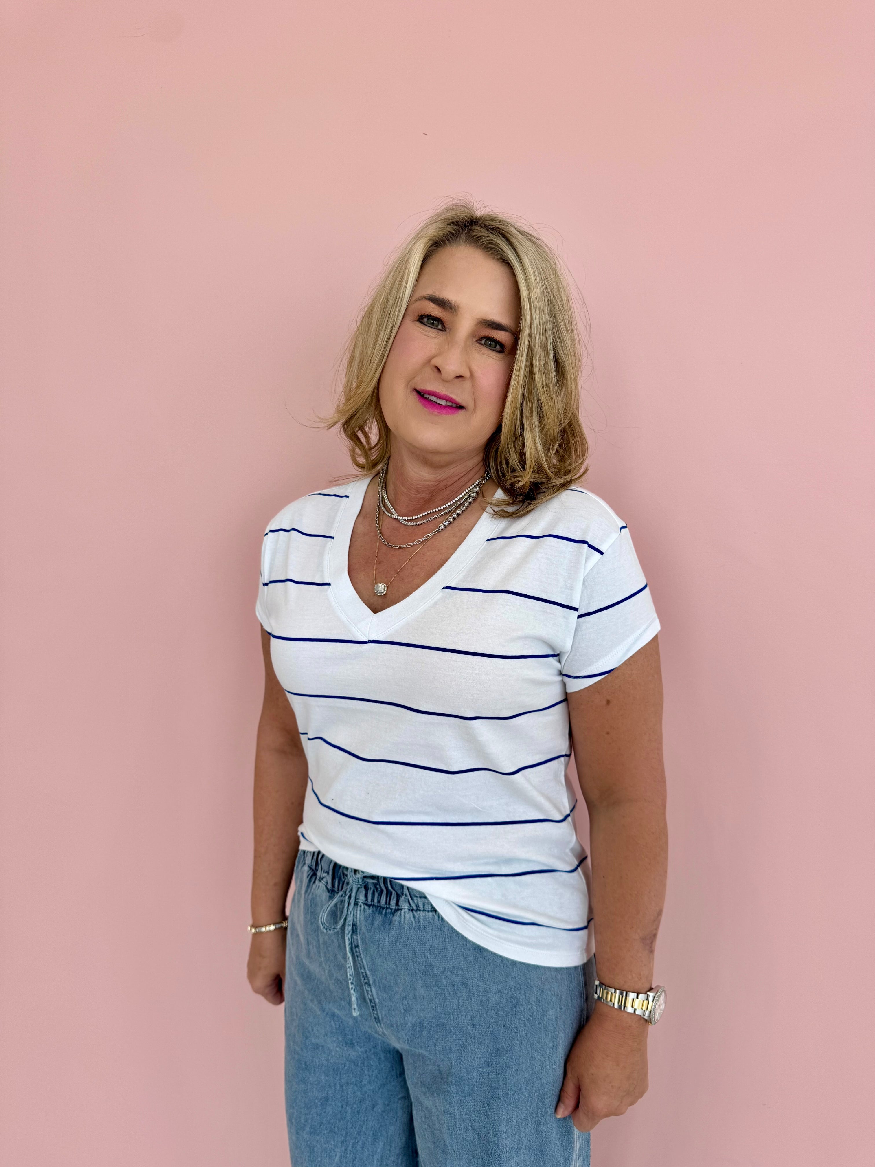 Stripped Modern V-Neck Tee-Ocean Side