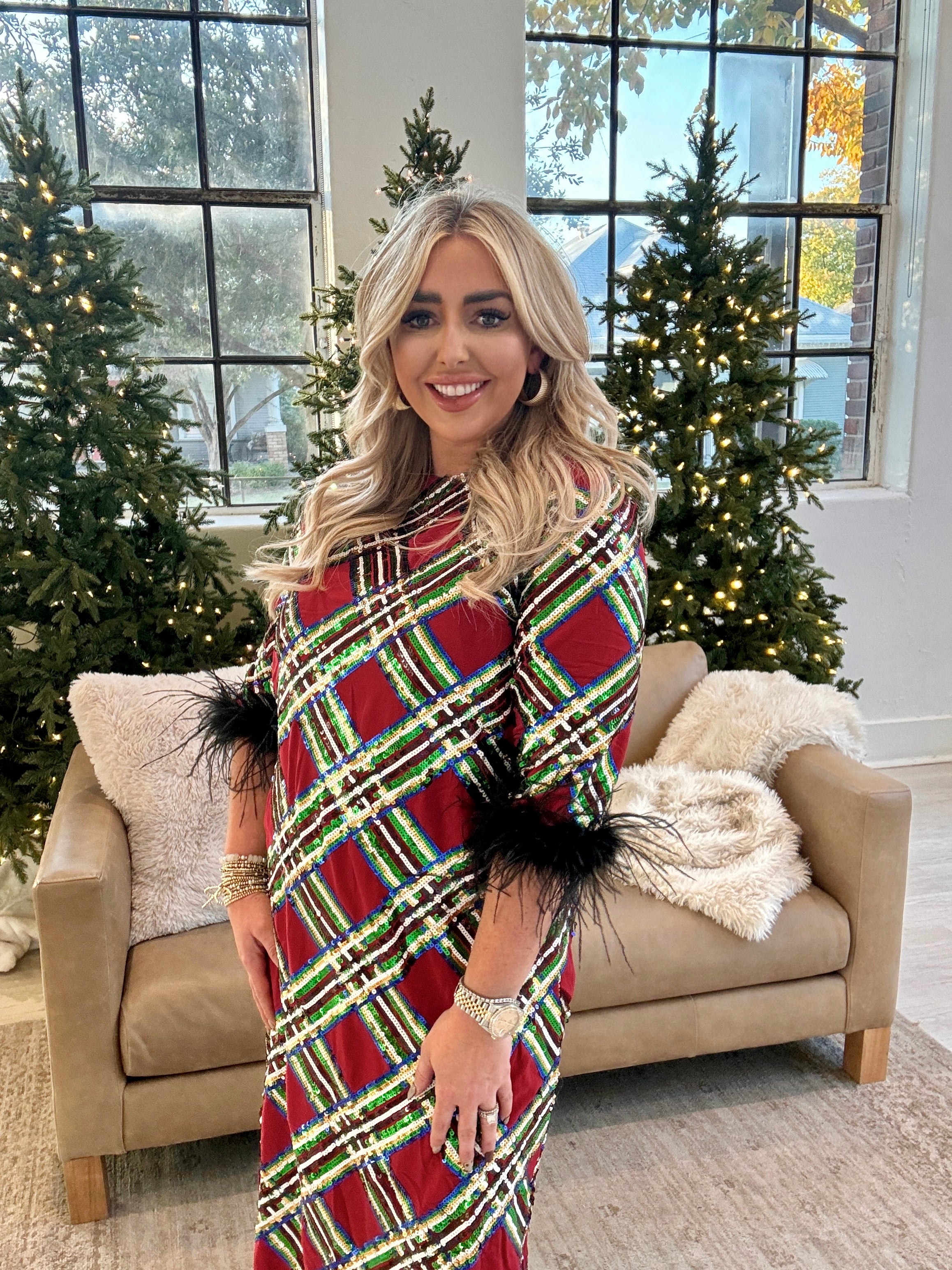 BC Sequin Tartan Midi Dress