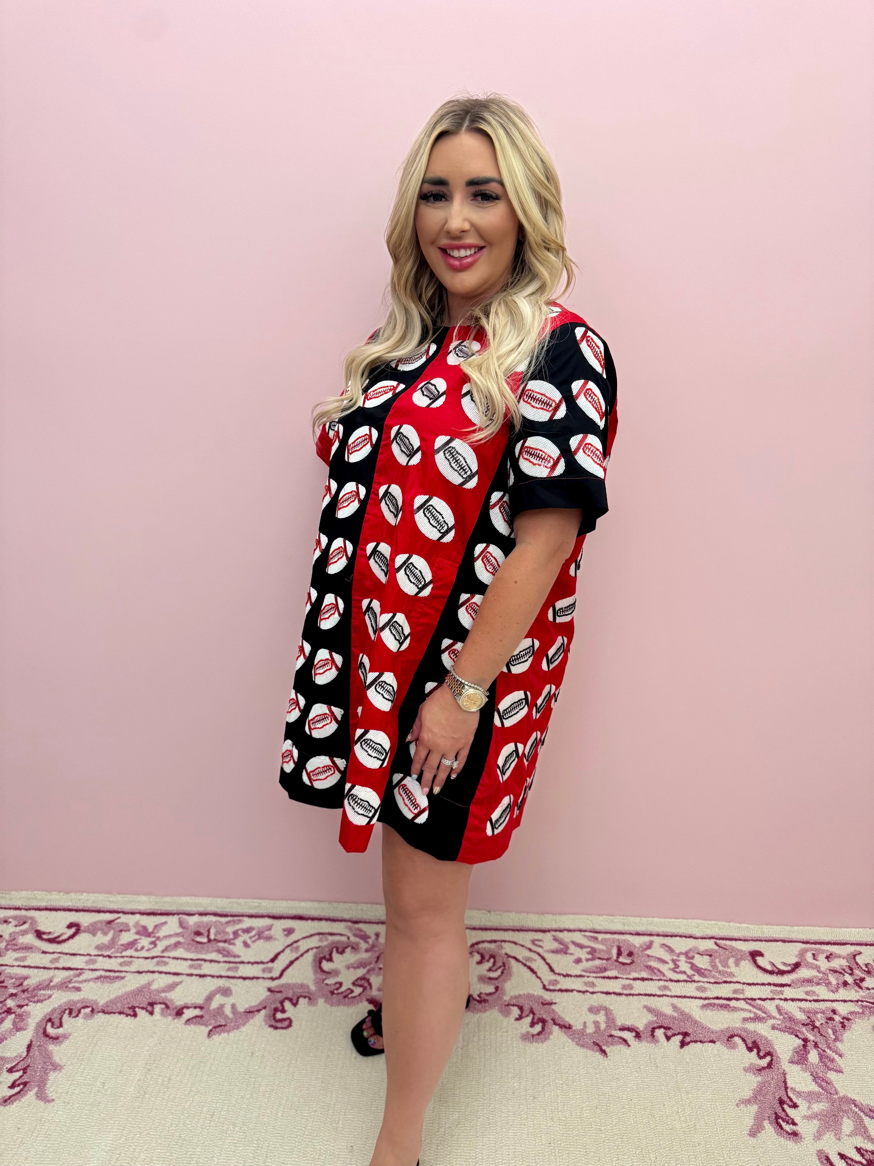 Red & Black Colorblock Football Short Sleeve Dress-Queen Of Sparkles