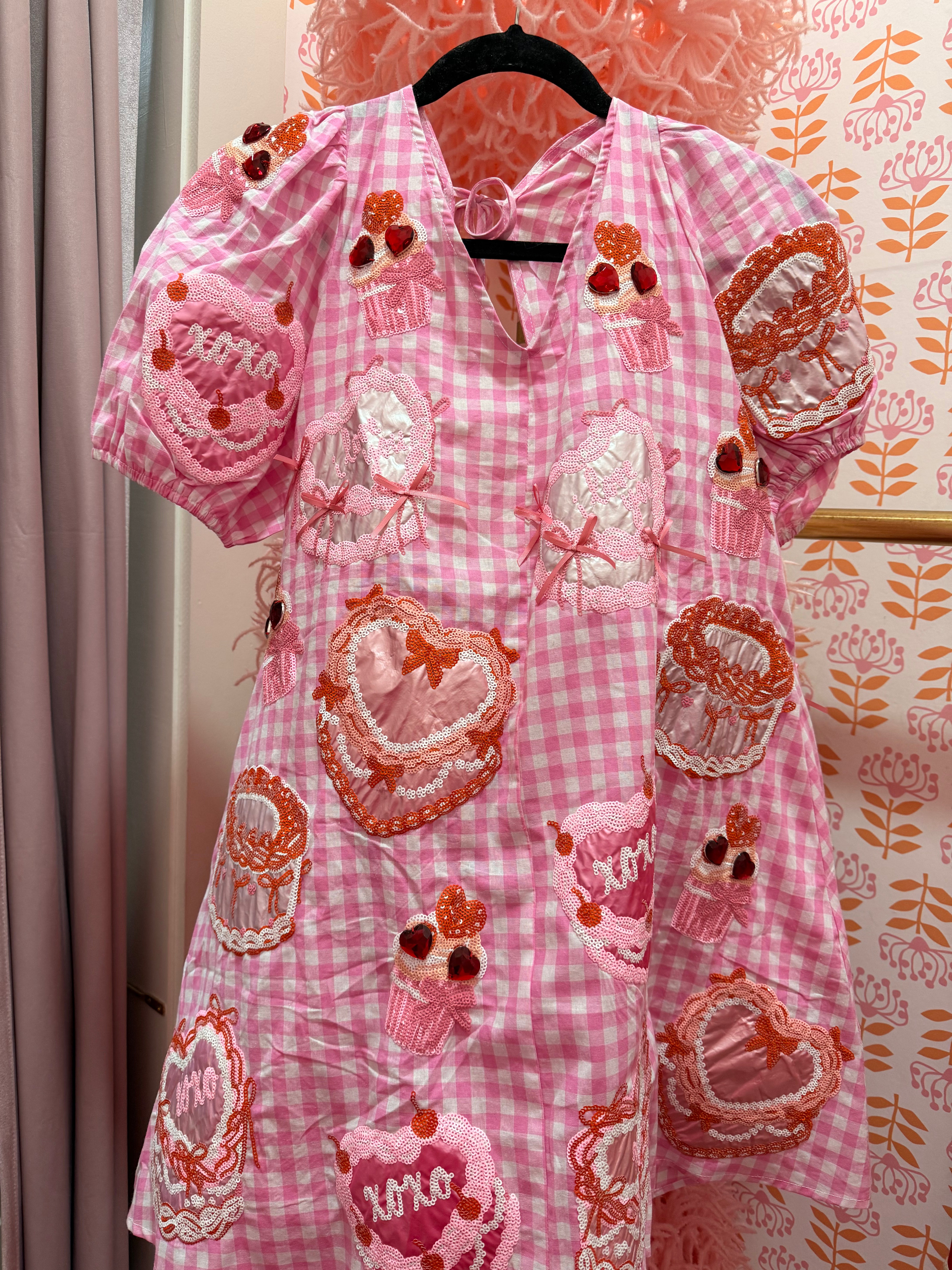 Pink and White Gingham Cakes & Pastries Cotton Tie Back Dress