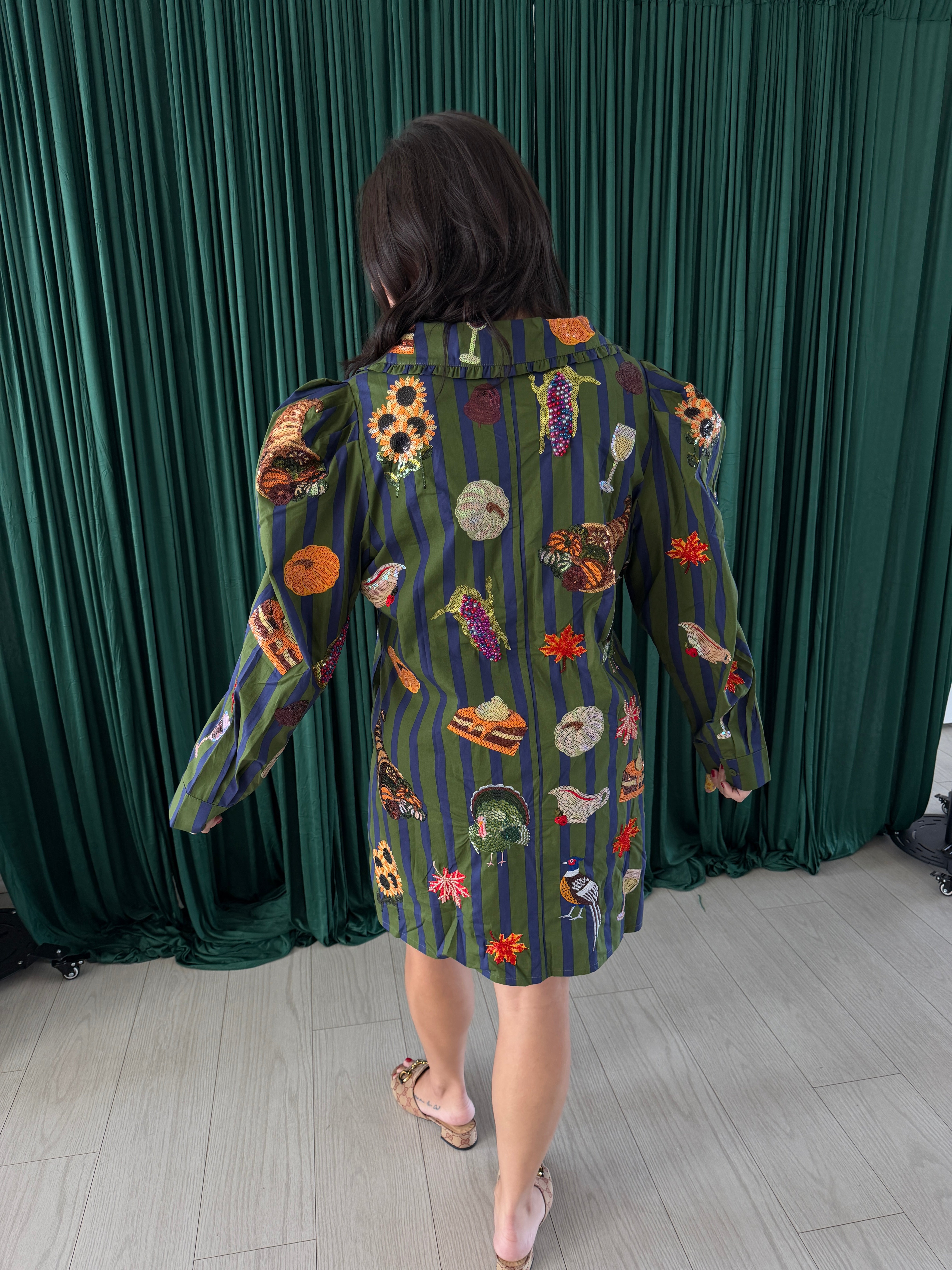 Dark green & Blue Striped Thanksgiving Icon Collar Cotton Dress - QOS