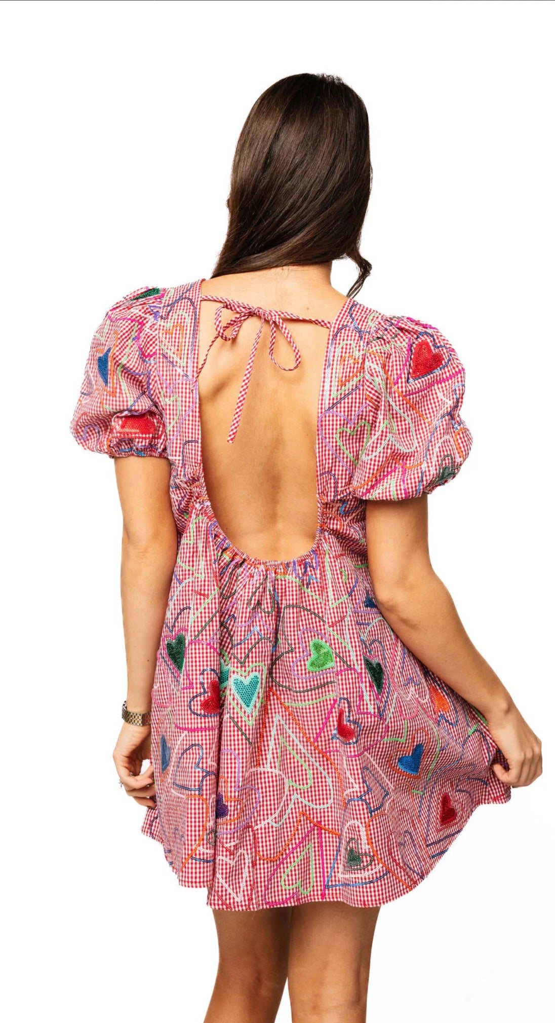 Red Gingham Groovy Hearts Tie Back Cotton Dress- QOS