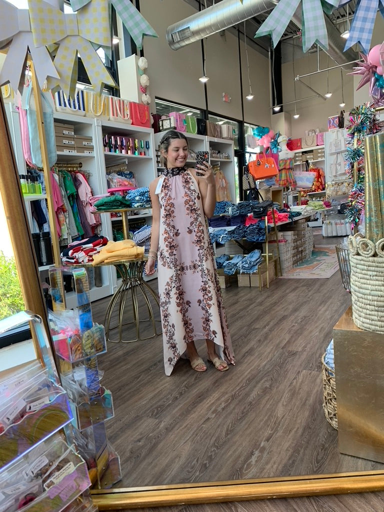 Printed Mock Neck Halter Maxi Dress