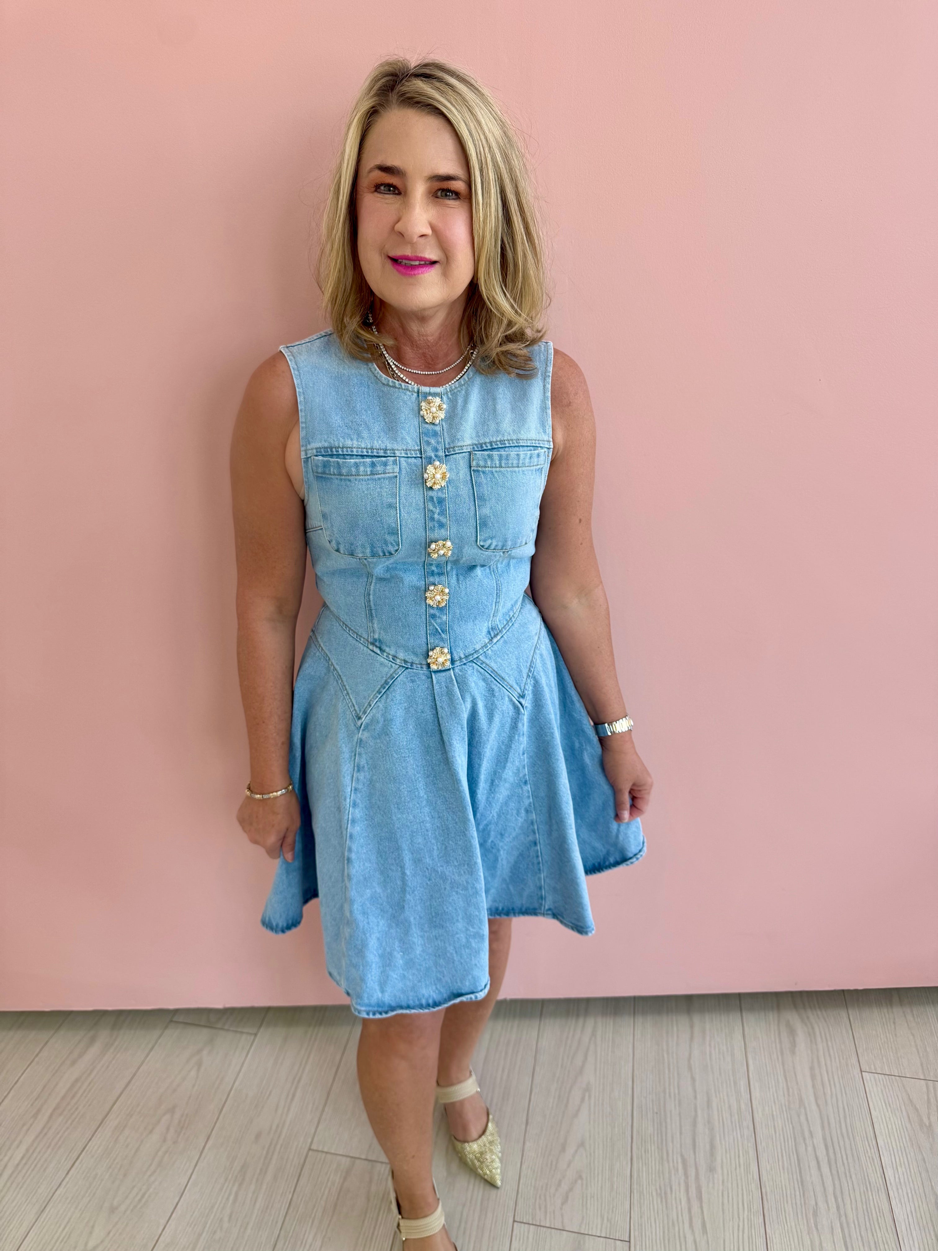 Jeweled Button Denim Dress