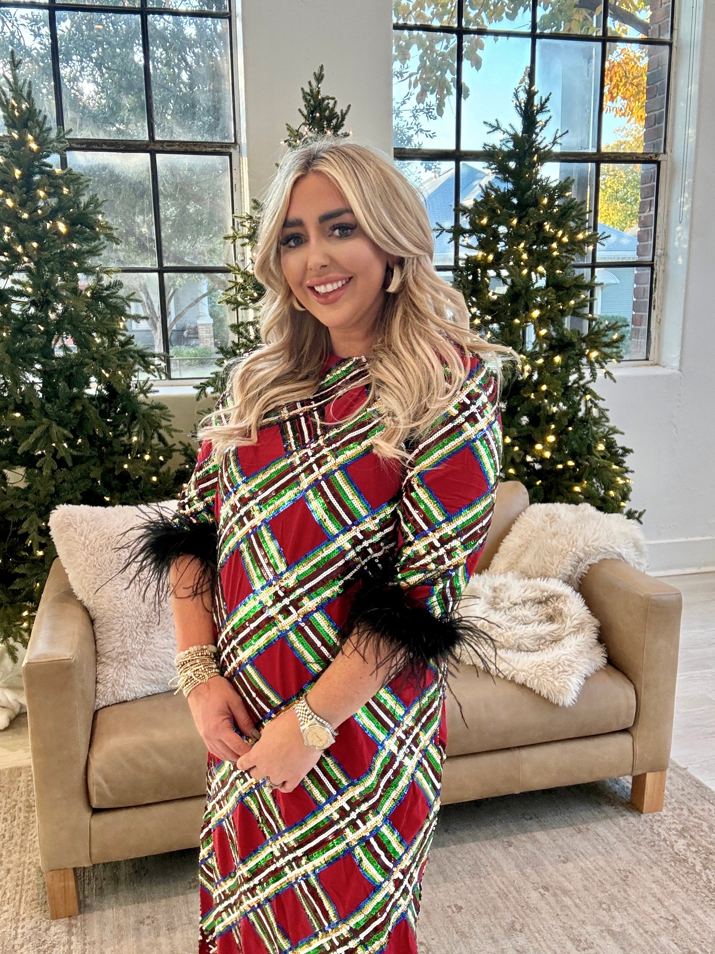 BC Sequin Tartan Midi Dress