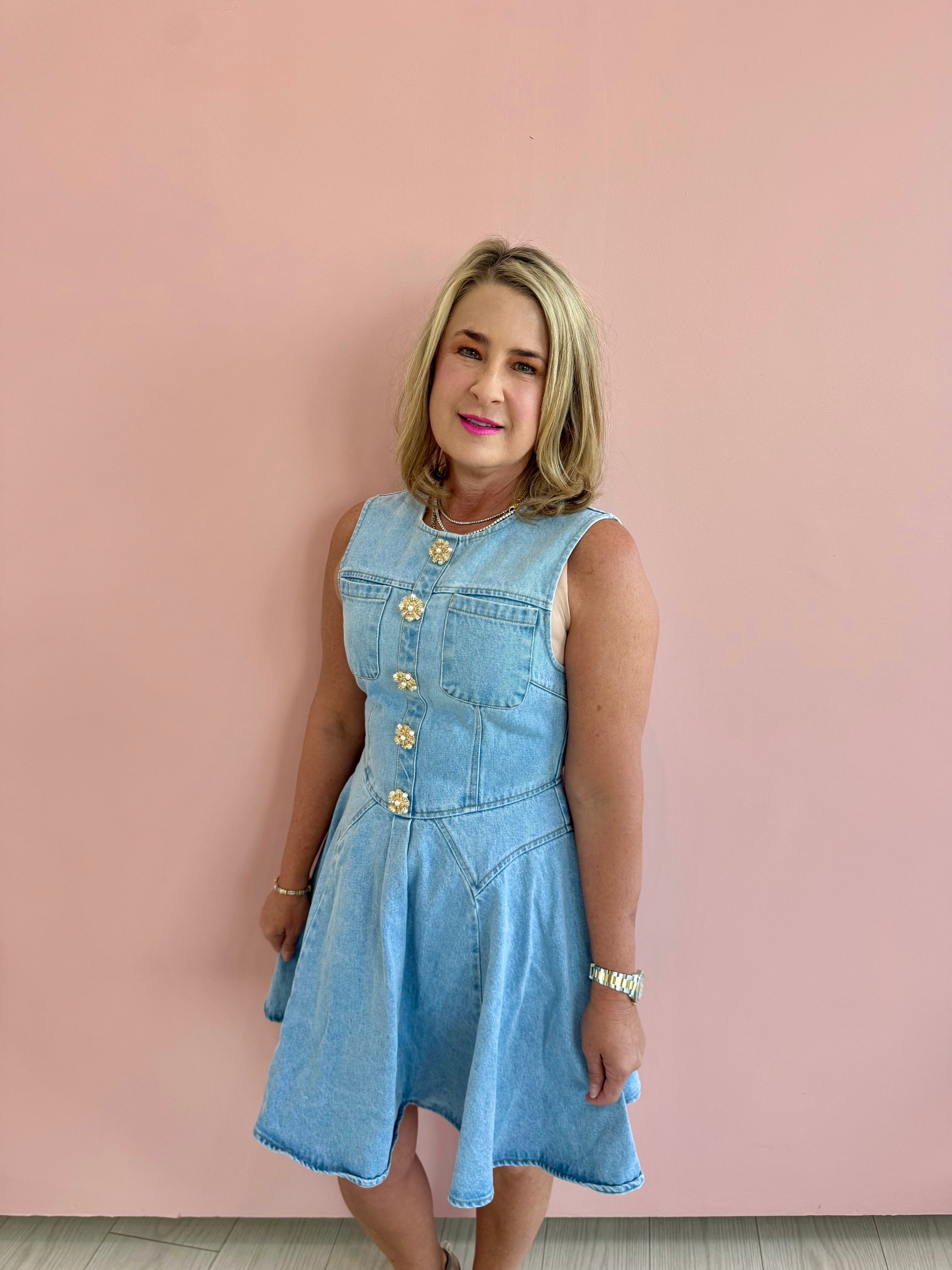 Jeweled Button Denim Dress