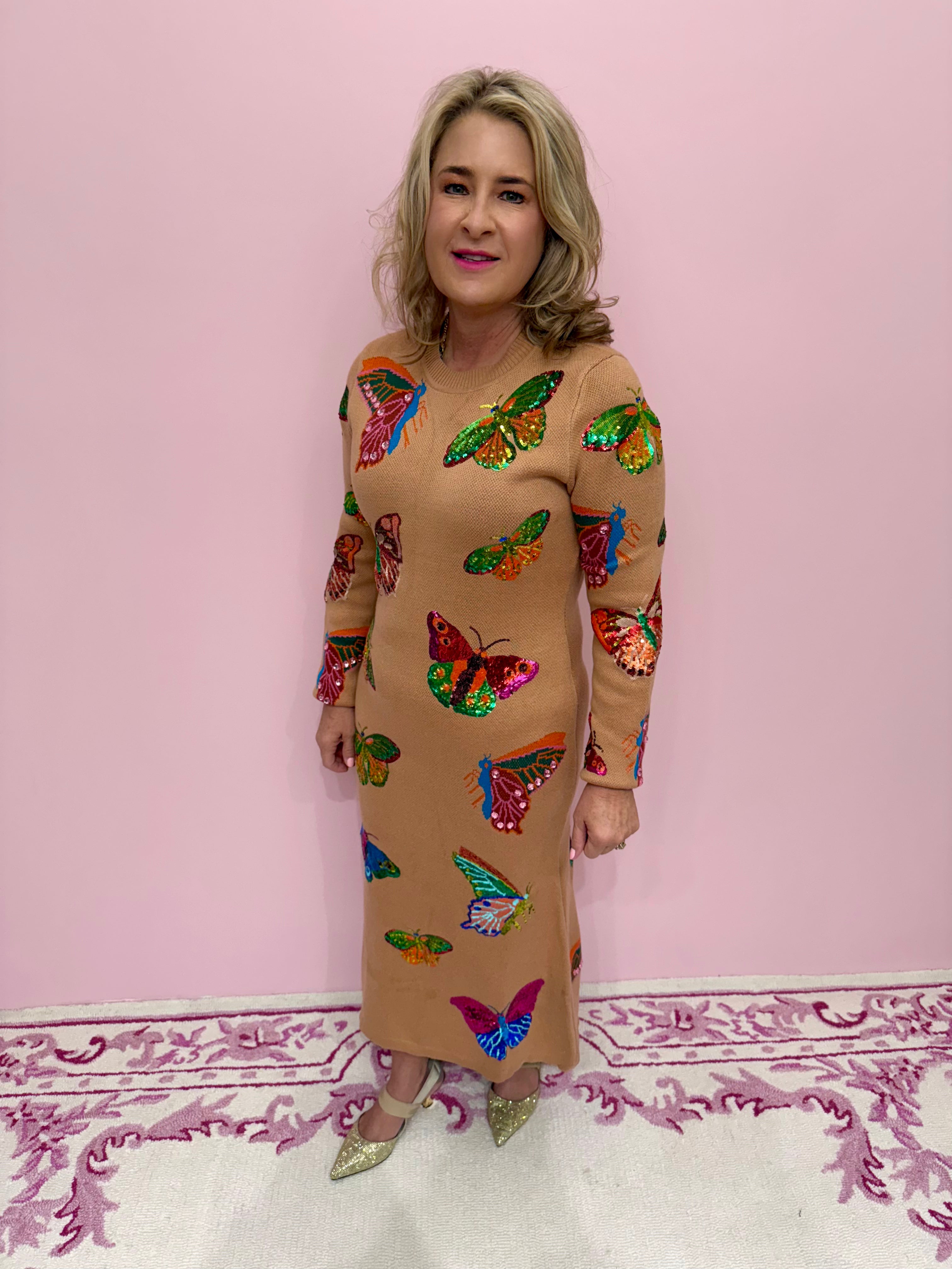 Tan Multi Butterfly Knit Midi Dress - Queen Of Sparkles