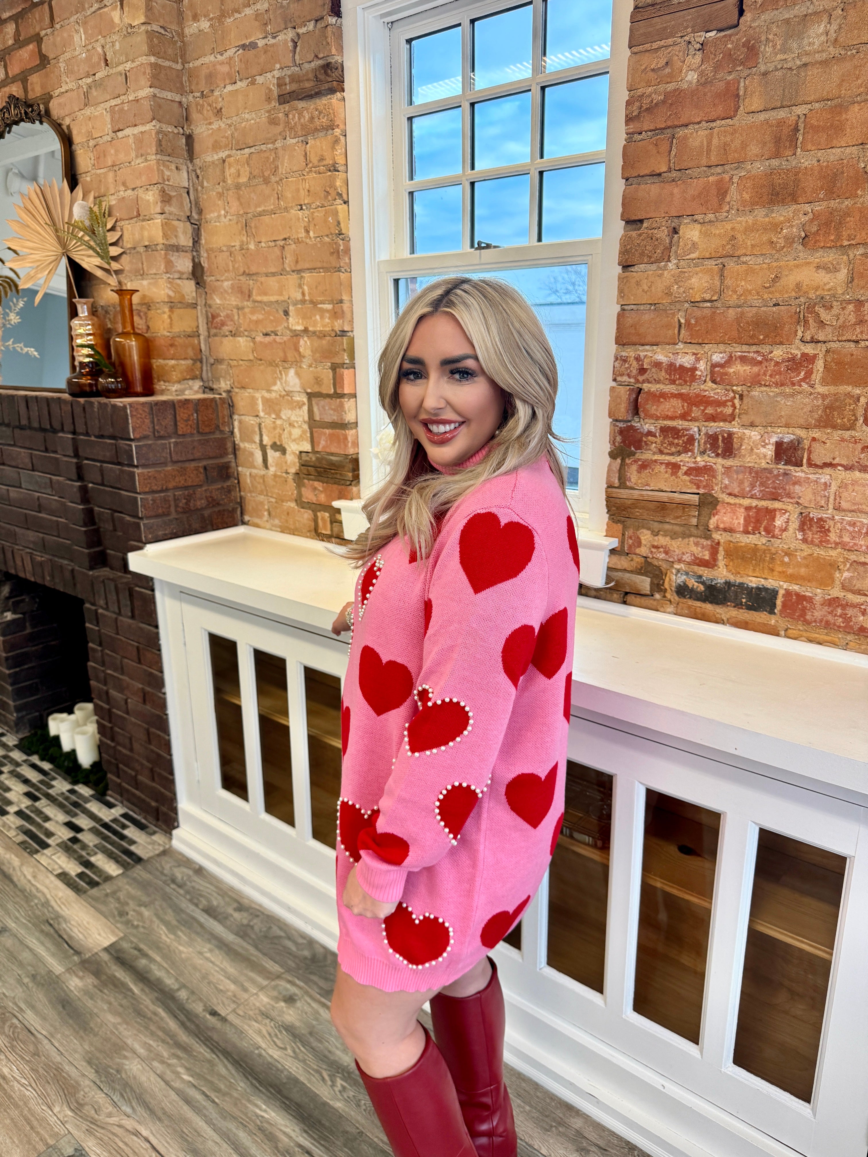 Pink Sweater Tunic W/ Red Hearts & Pearls