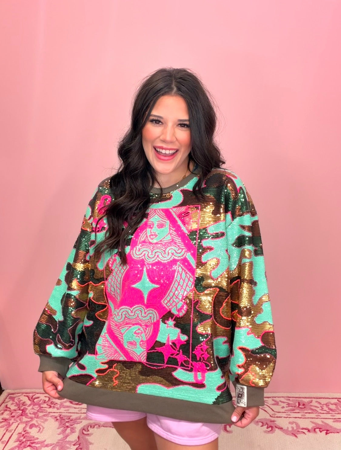 Mint Sequin Camo Queen Card Sweatshirt-QOS