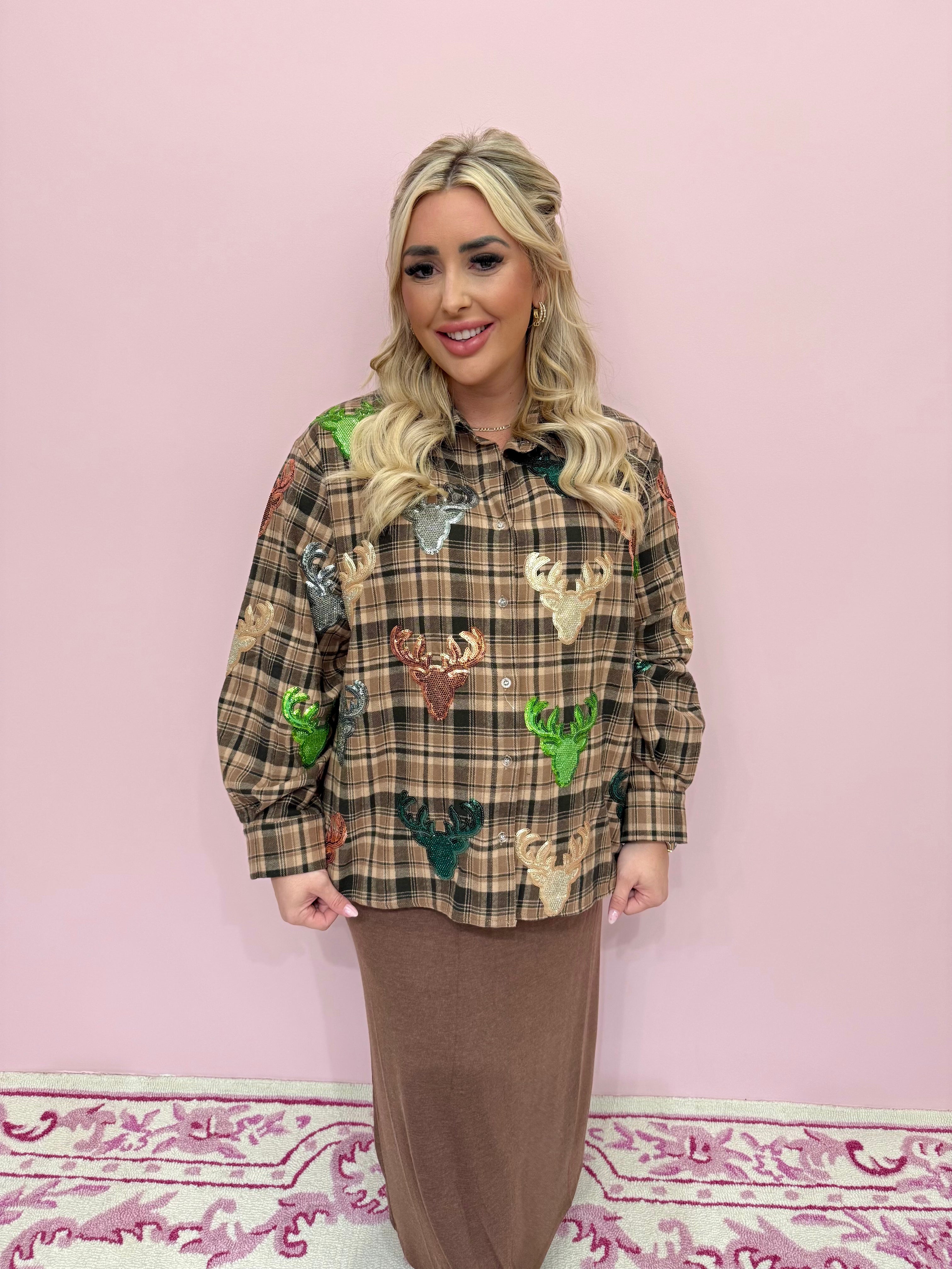 Brown Plaid Multi Deer Head Button Up Long Sleeve Top - Queen Of Sparkles