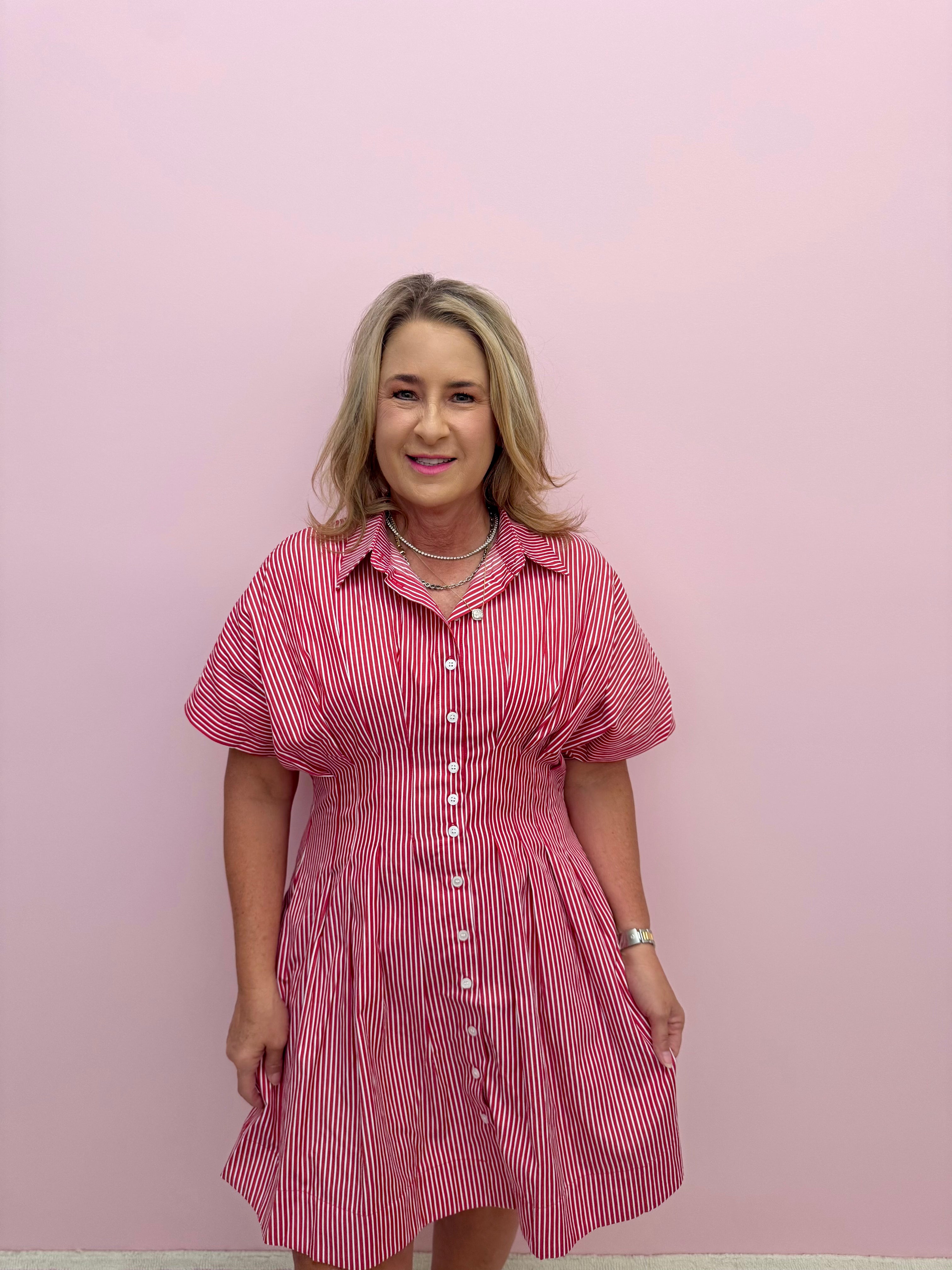 Pleated Striped Shirt Dress