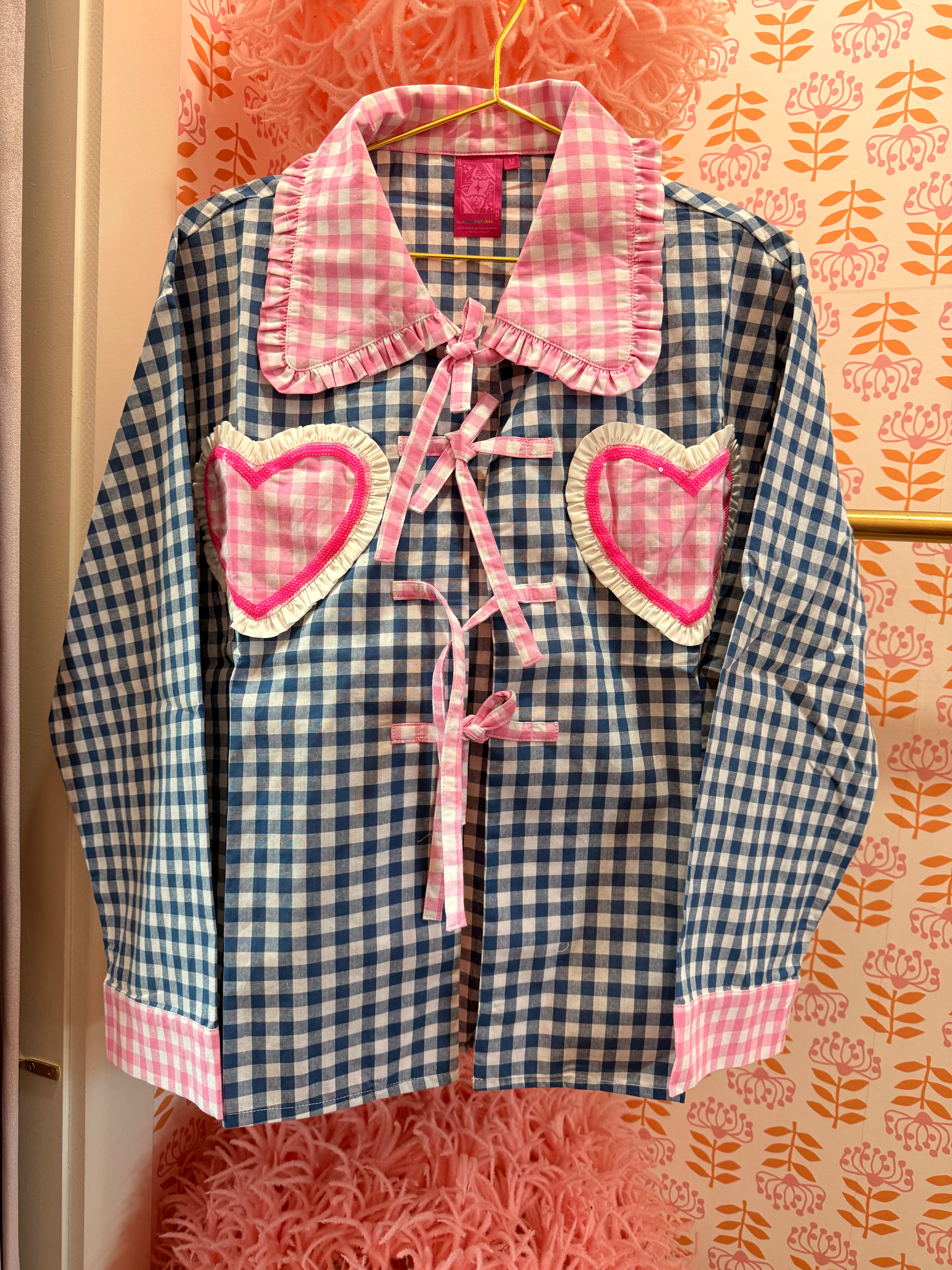 Navy & Pink Gingham Tie Heart Cotton Collar Top- Queen Of Sparkles