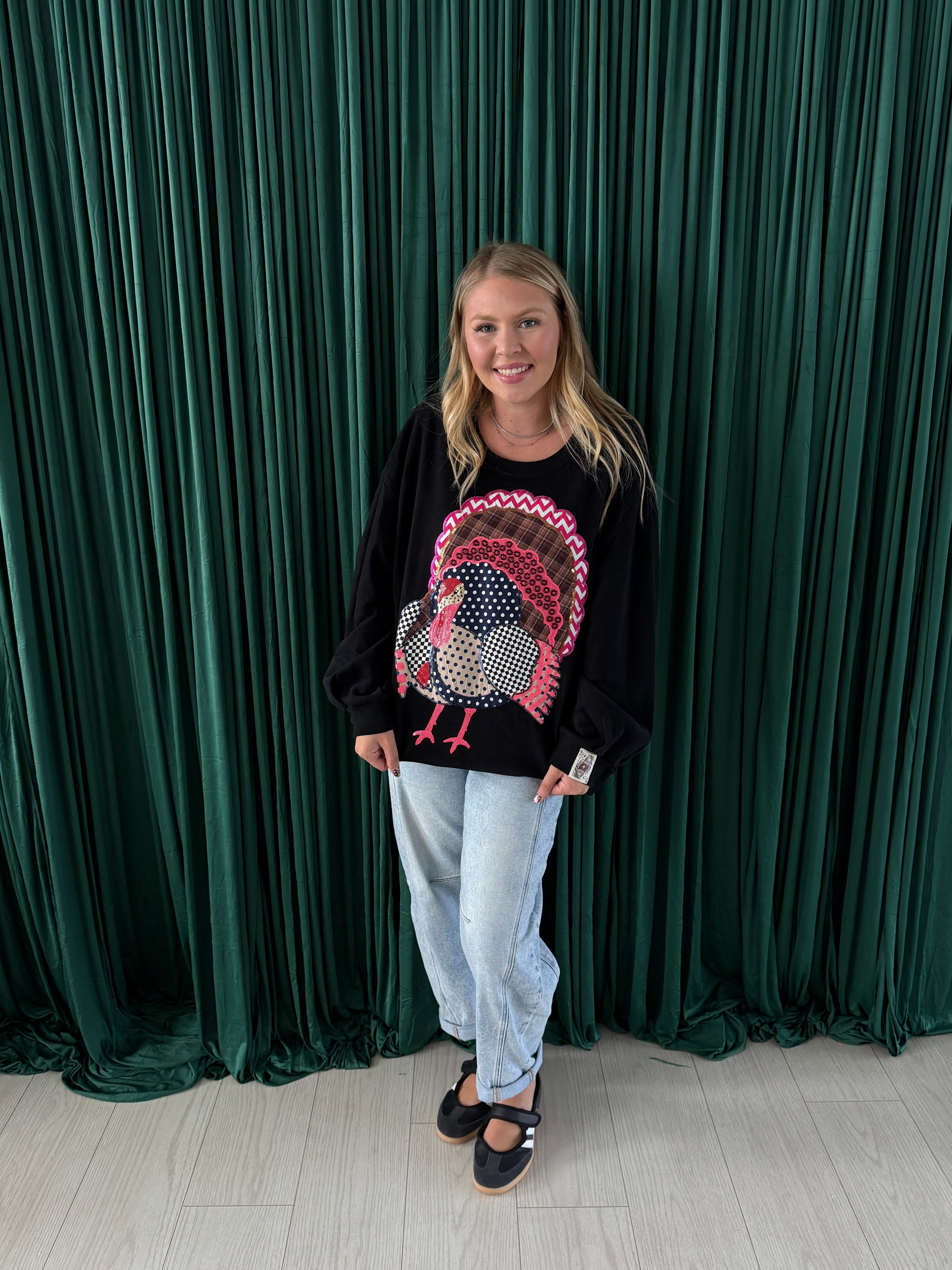 Black Patchwork Turkey Sweatshirt- Queen of Sparkles