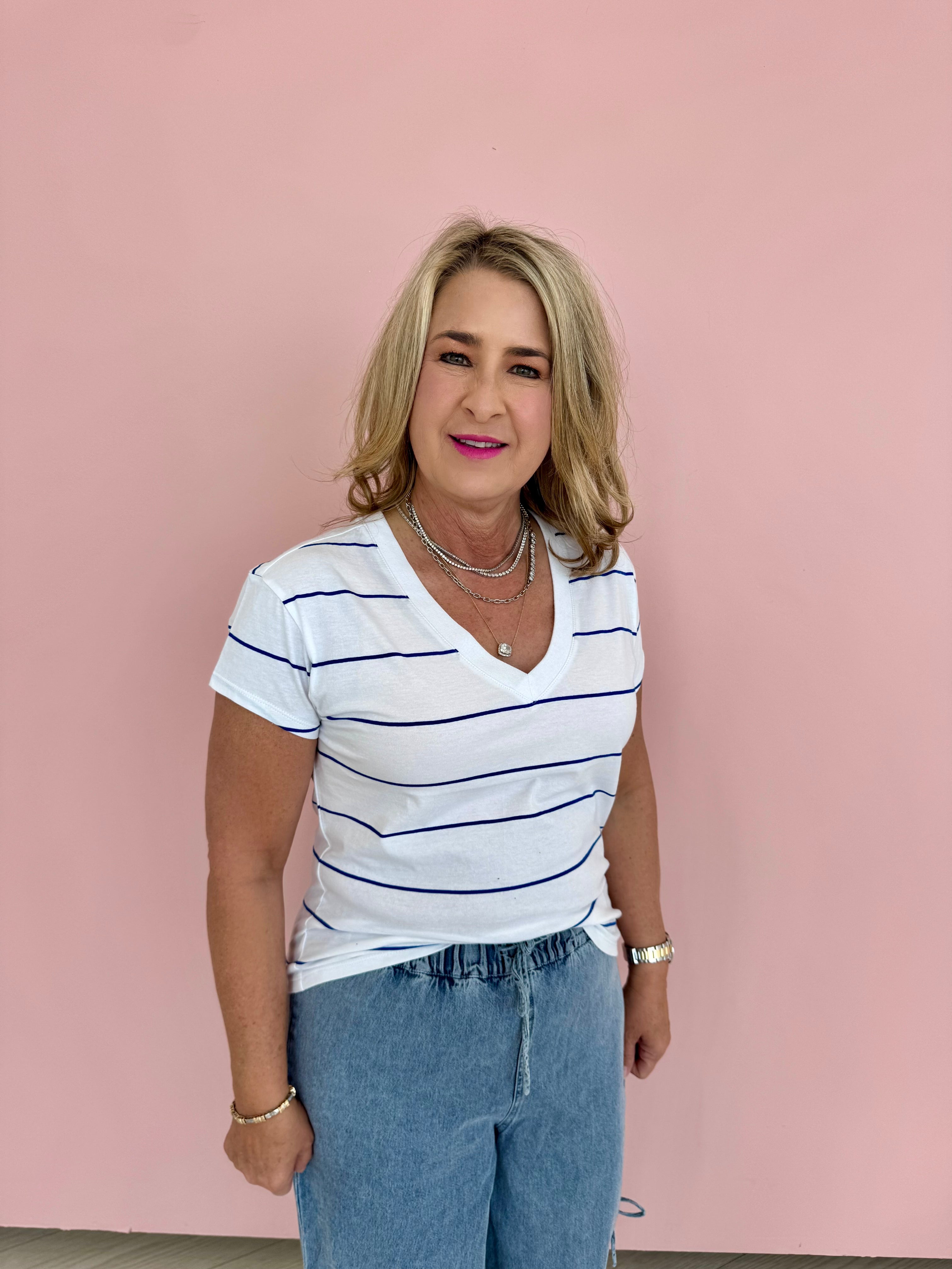 Stripped Modern V-Neck Tee-Ocean Side