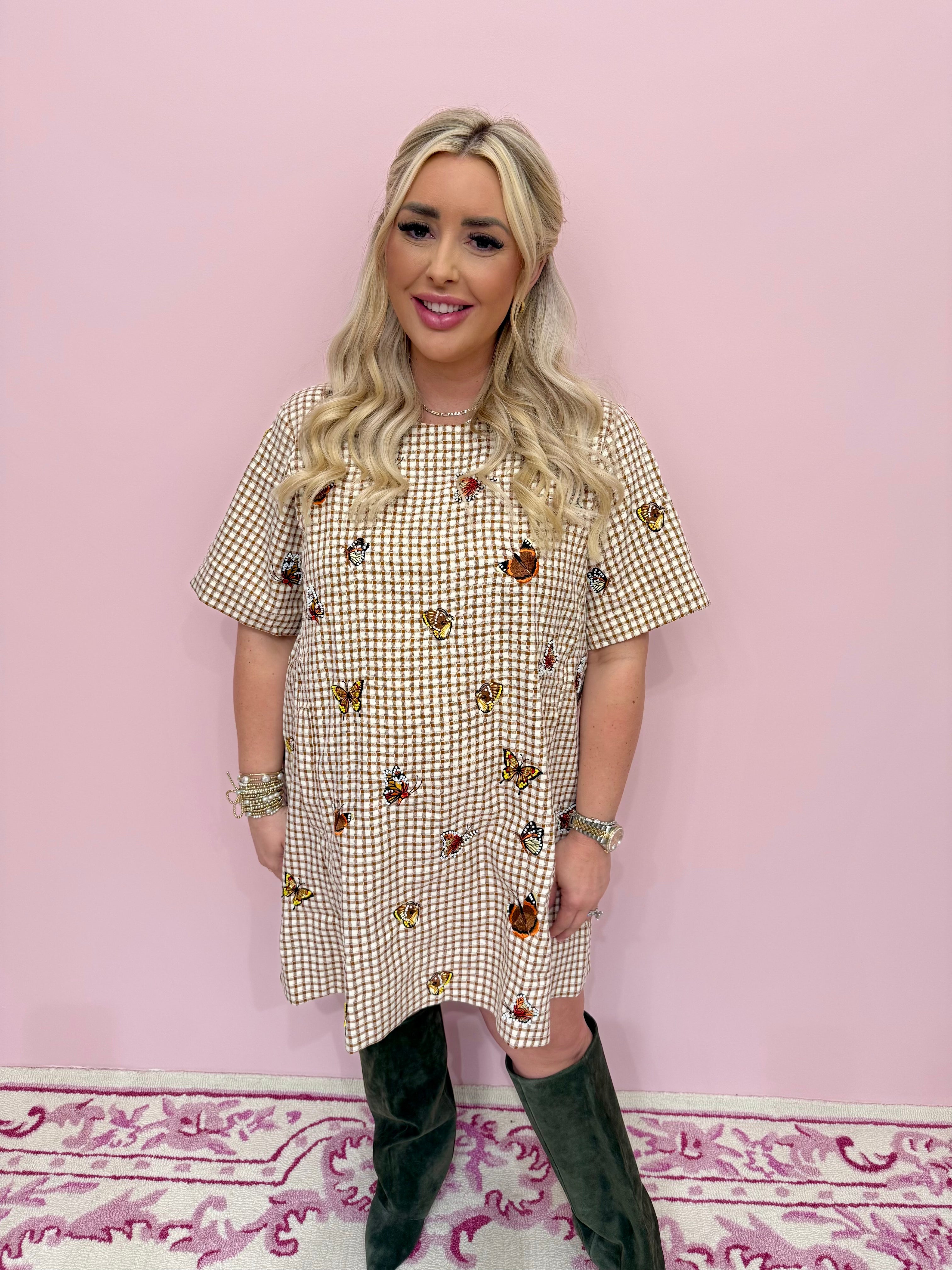Brown Plaid Butterfly Short Sleeve Dress - Queen Of Sparkles