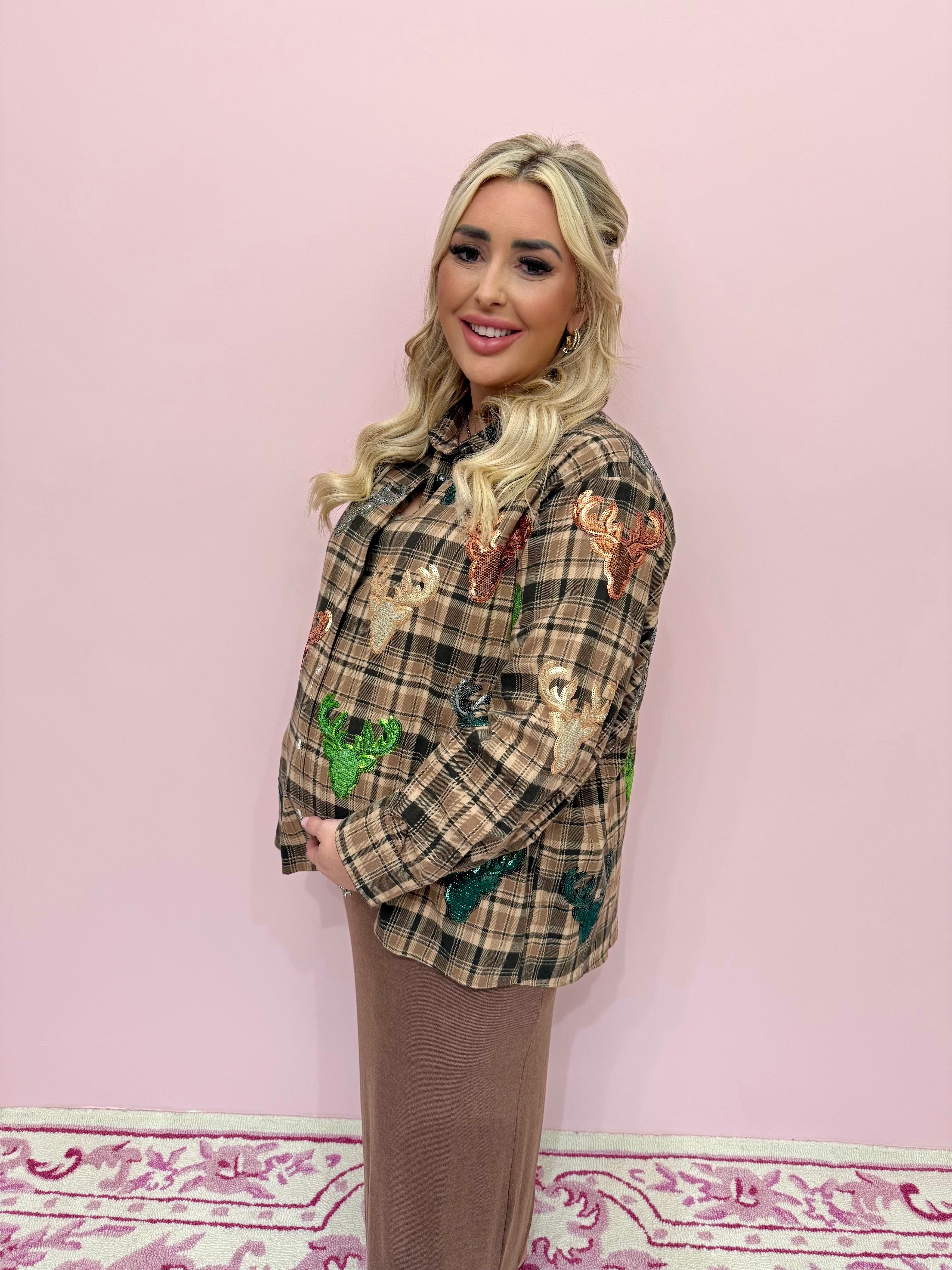 Brown Plaid Multi Deer Head Button Up Long Sleeve Top - Queen Of Sparkles