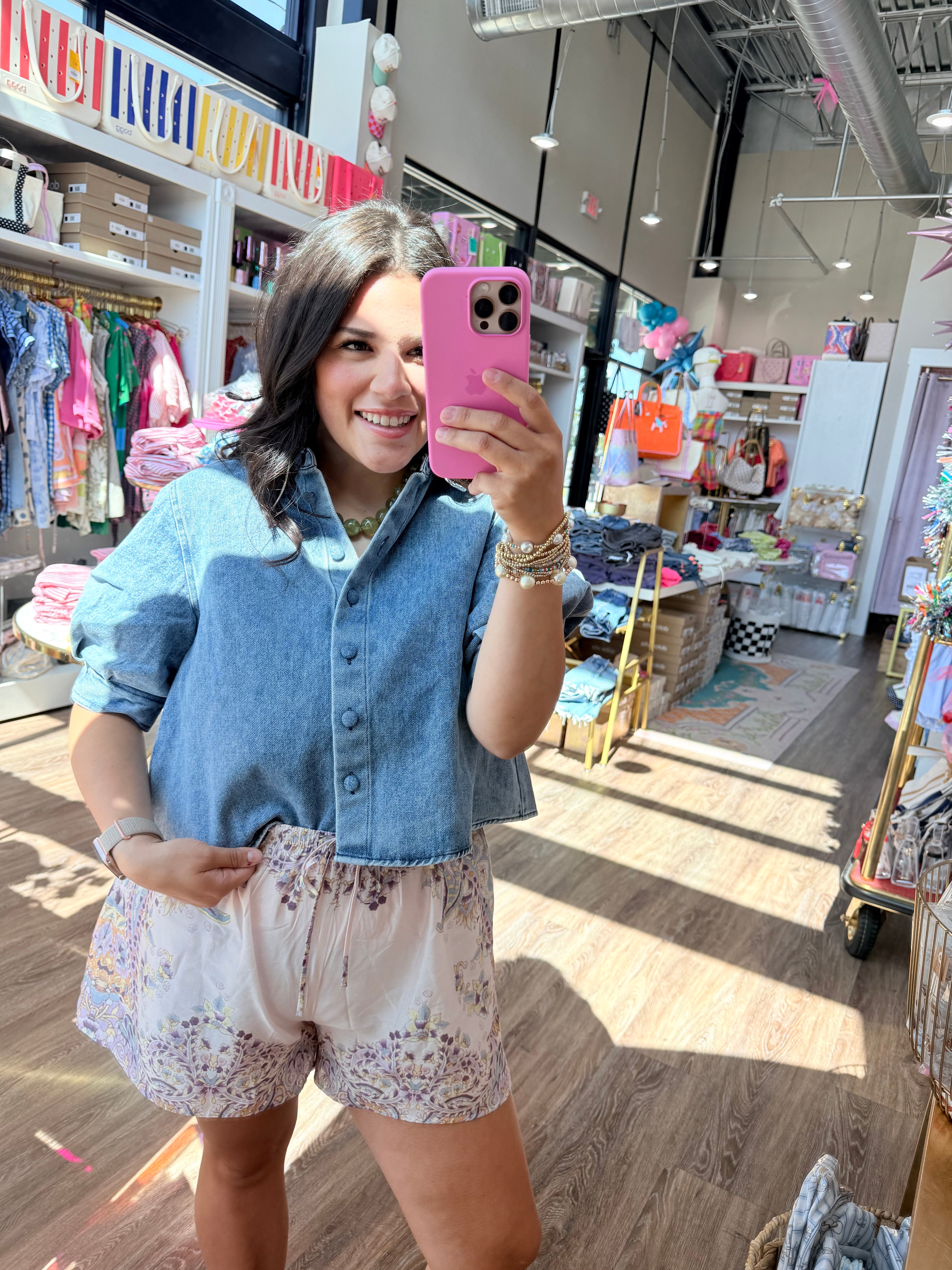 Denim Button Puff Top