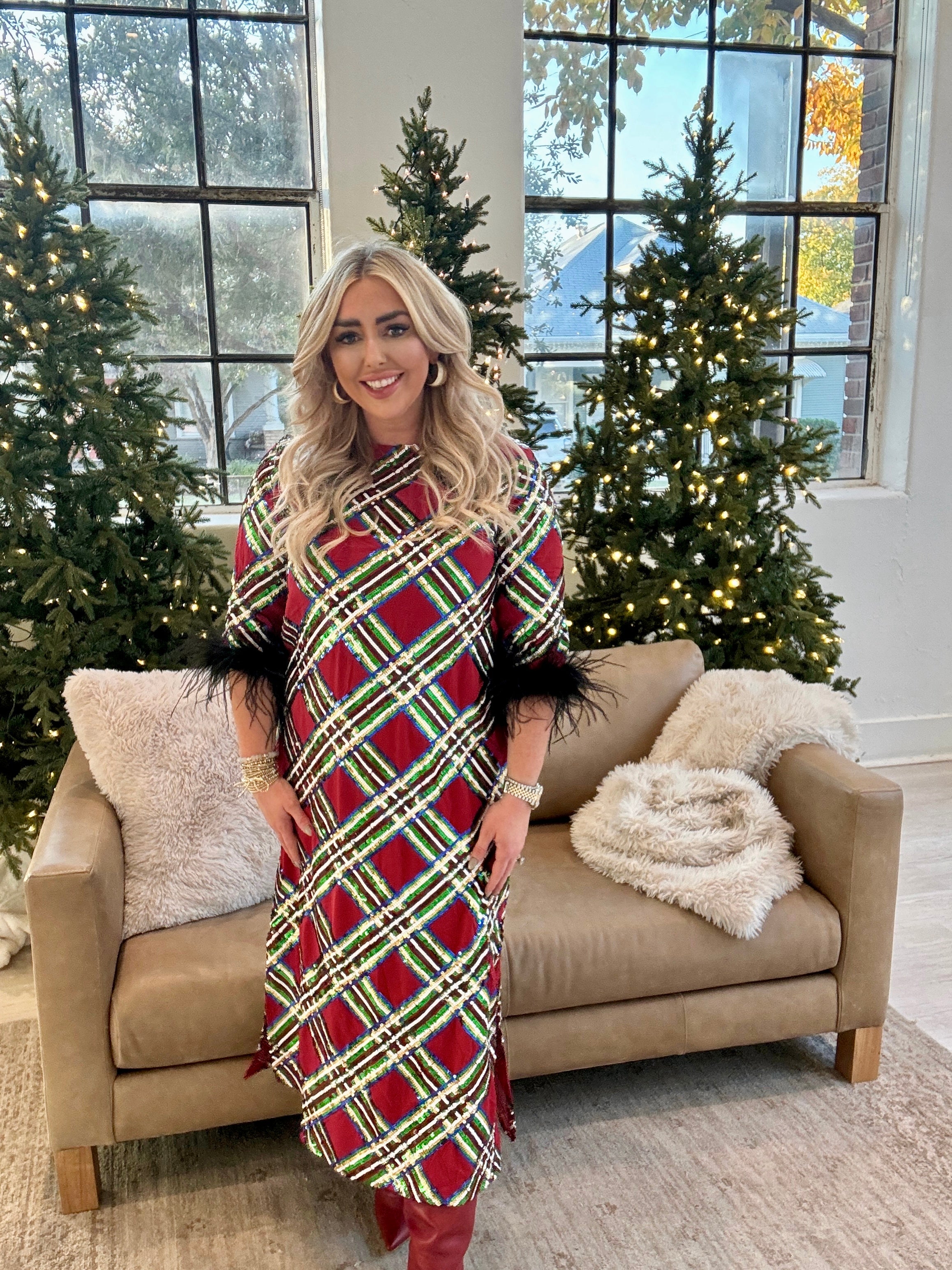 BC Sequin Tartan Midi Dress