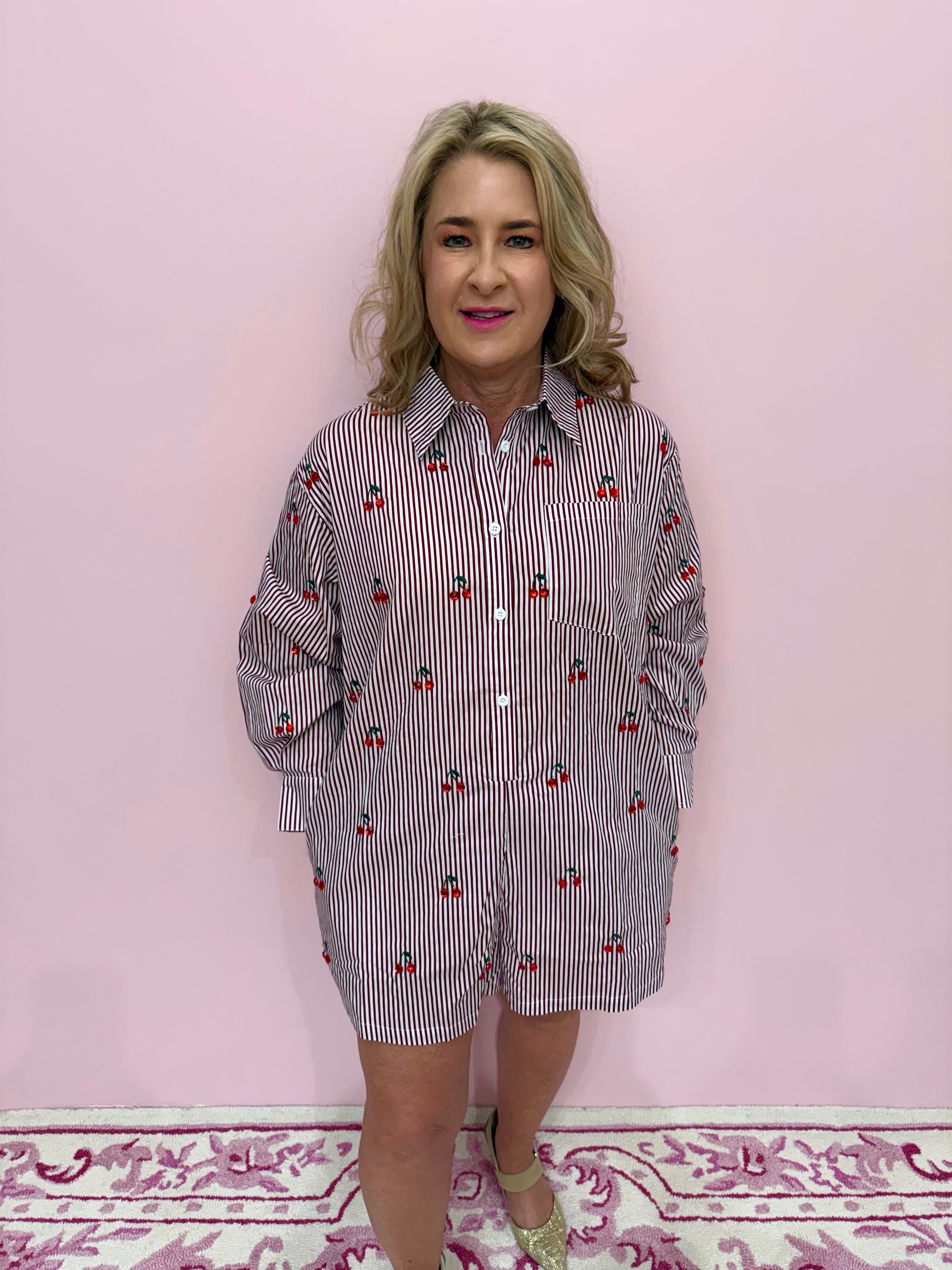 Striped Cotton Button Up Long Sleeve Jeweled Cherry Romper - Queen Of Sparkles