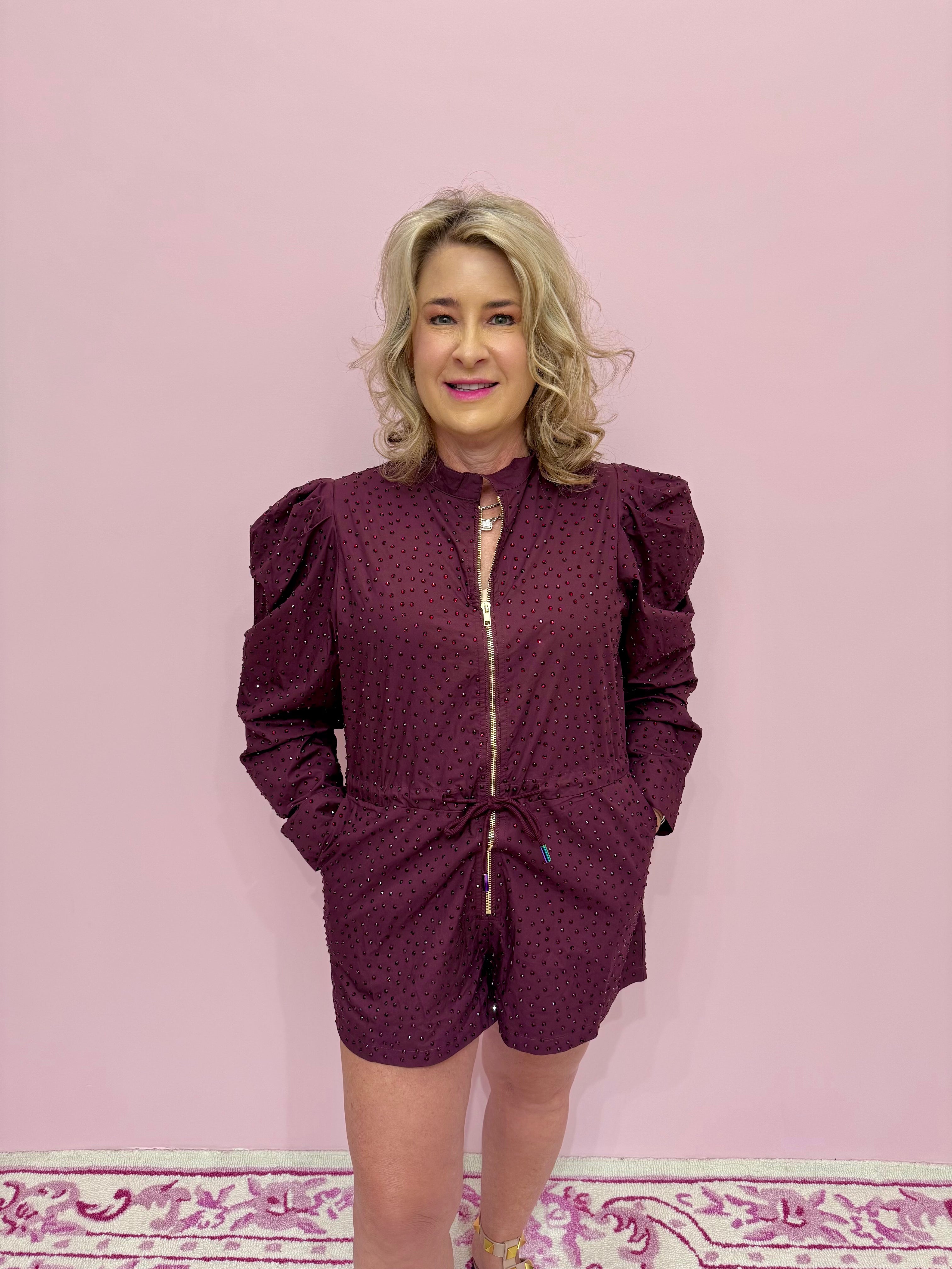 Maroon Rhinestone Long Sleeve Romper- Queen Of Sparkles