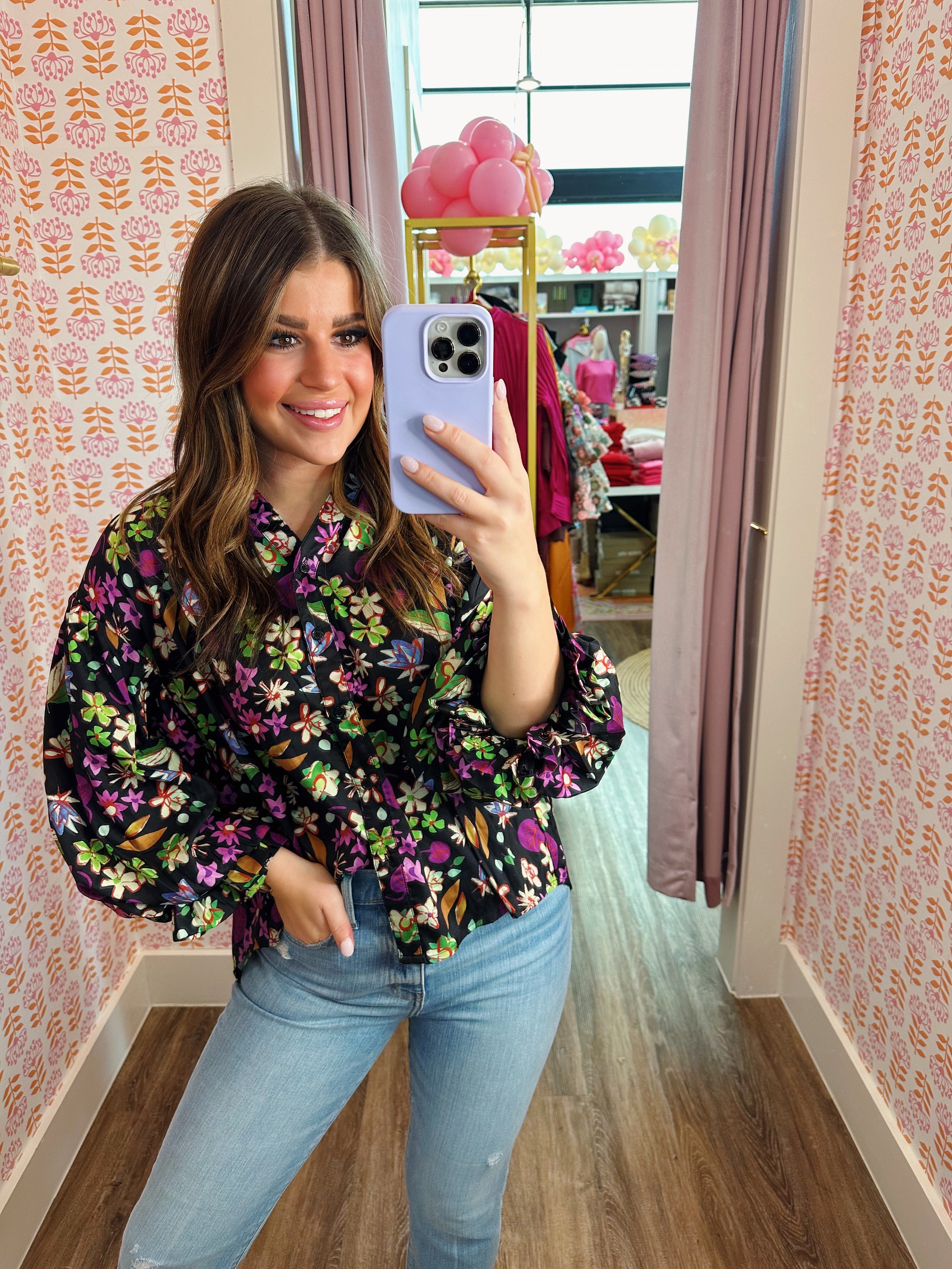 Floral Satin Puff Sleeve Top