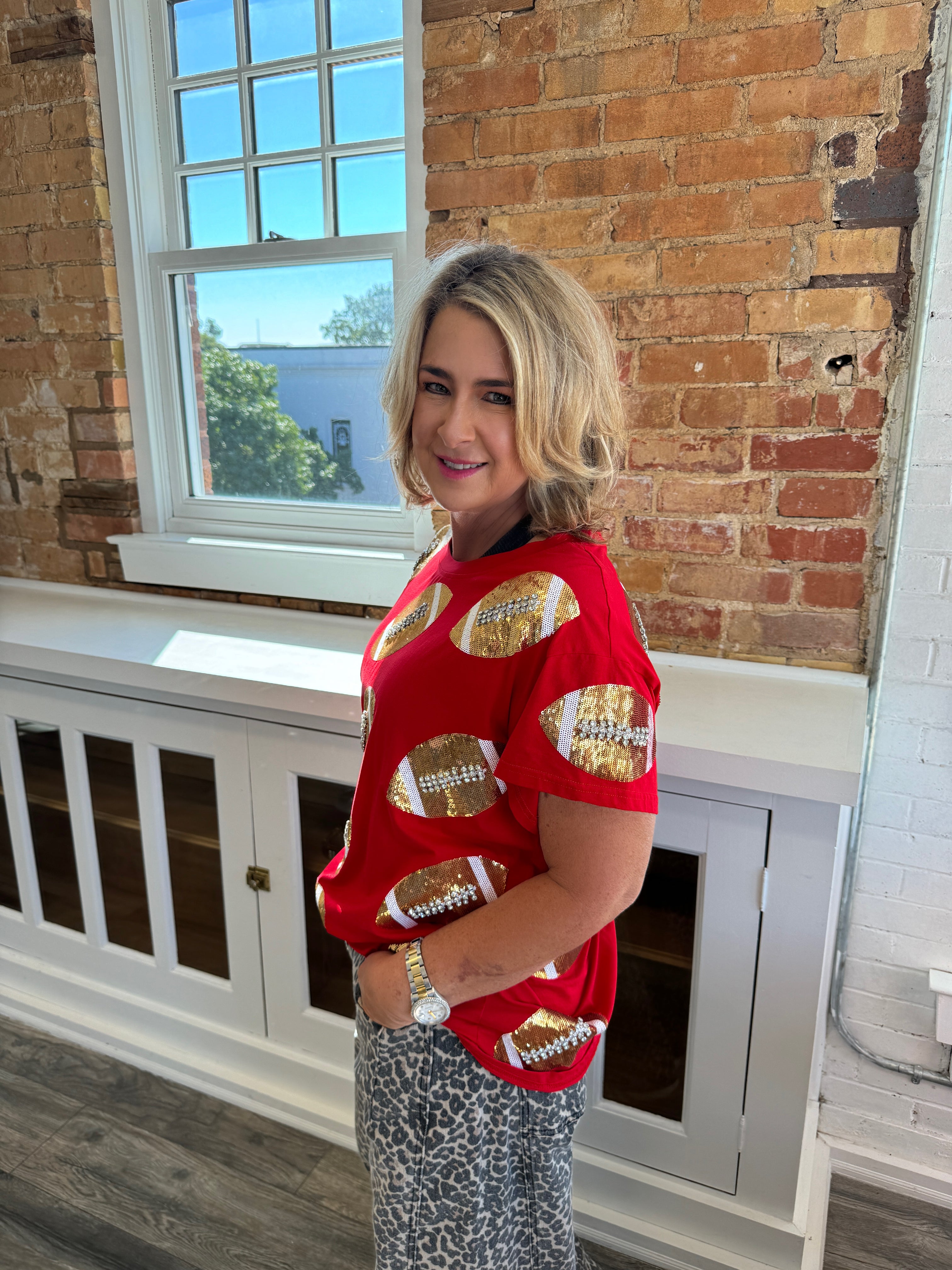 Red & Gold Rhinestone Football Tee