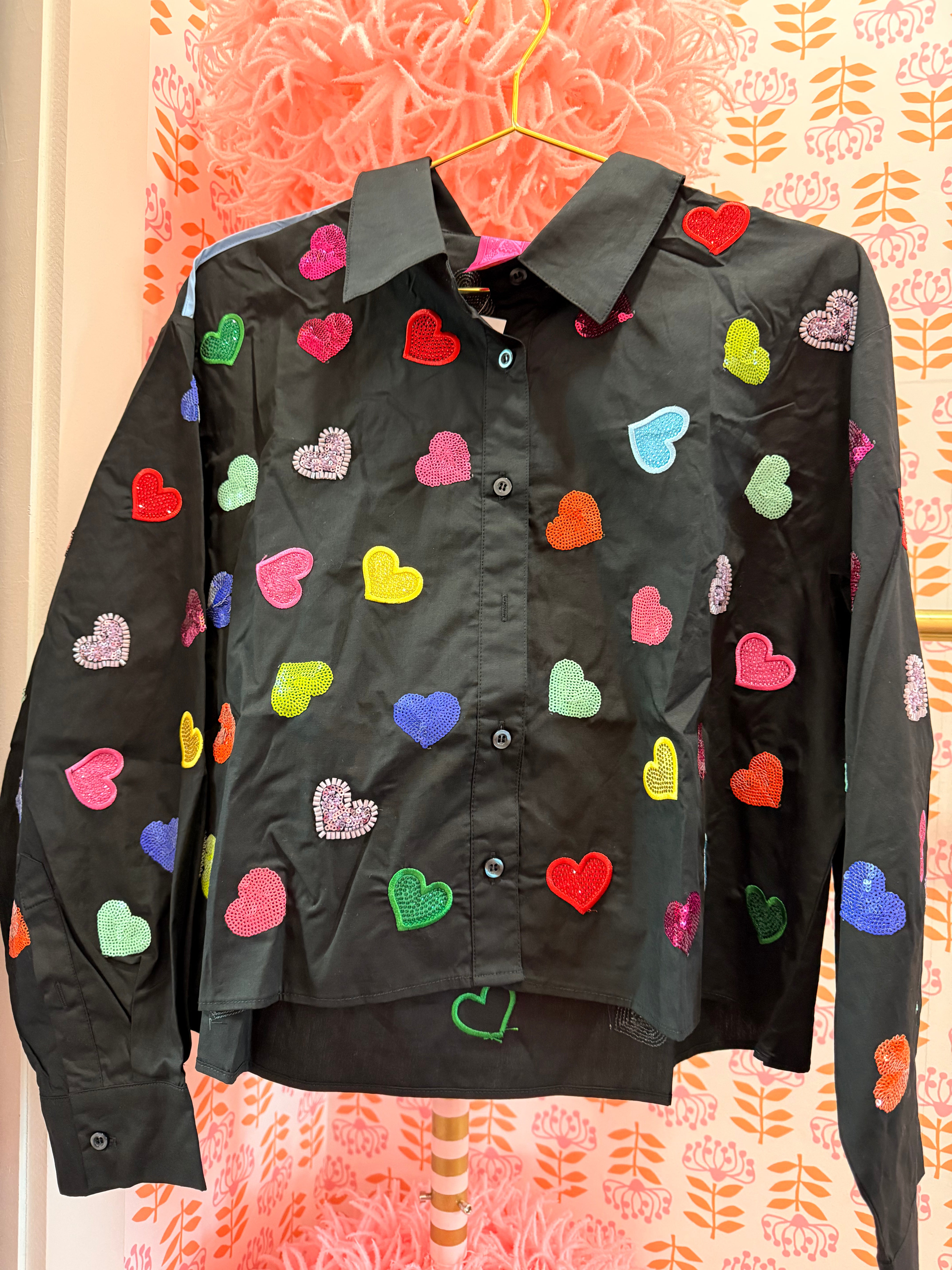 Black Multi Rhinestone Heart Cotton Button Up Top- Queen Of Sparkles