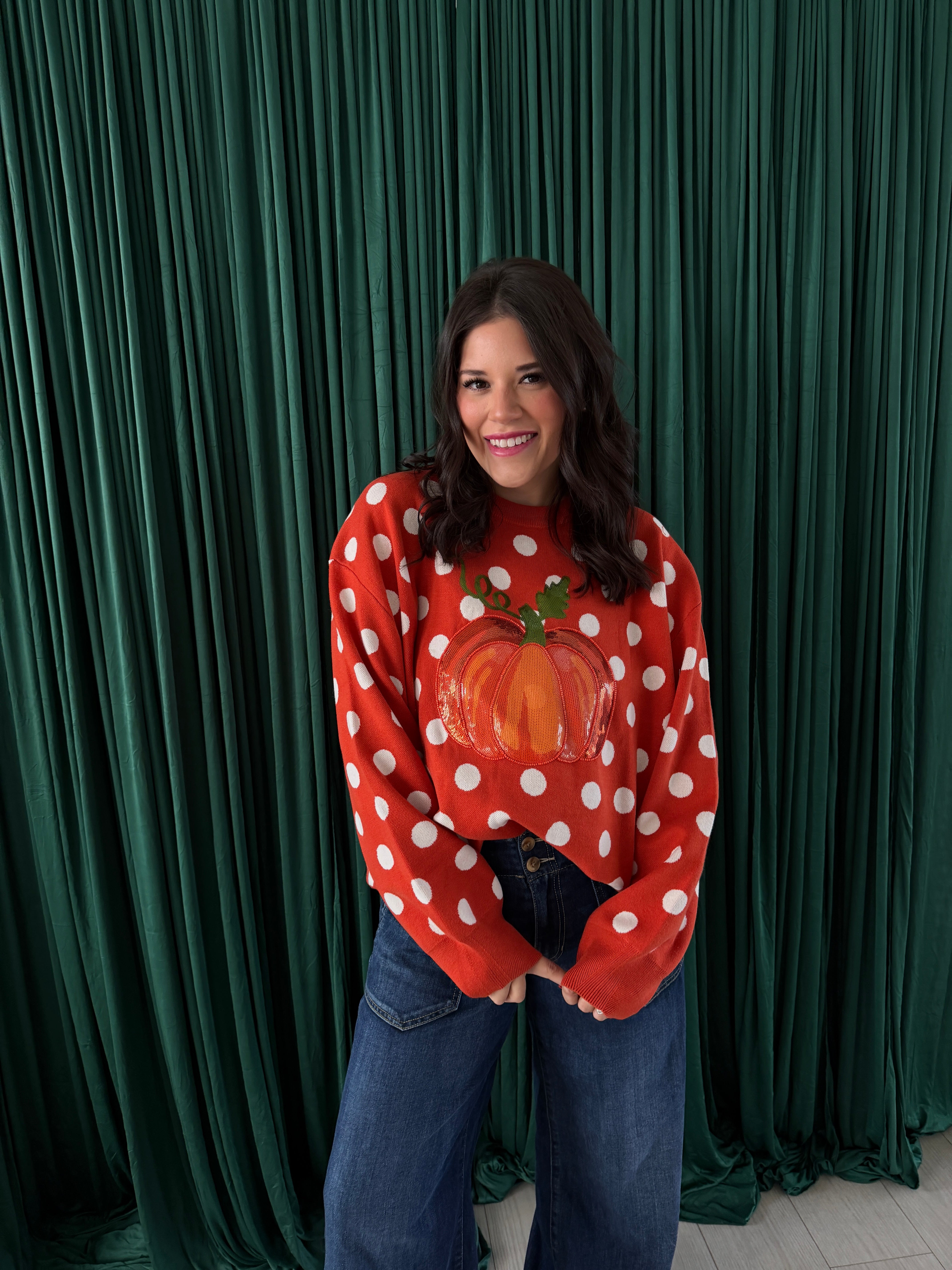 Orange Polkadot Pumpkin Sweater- Queen of Sparkles