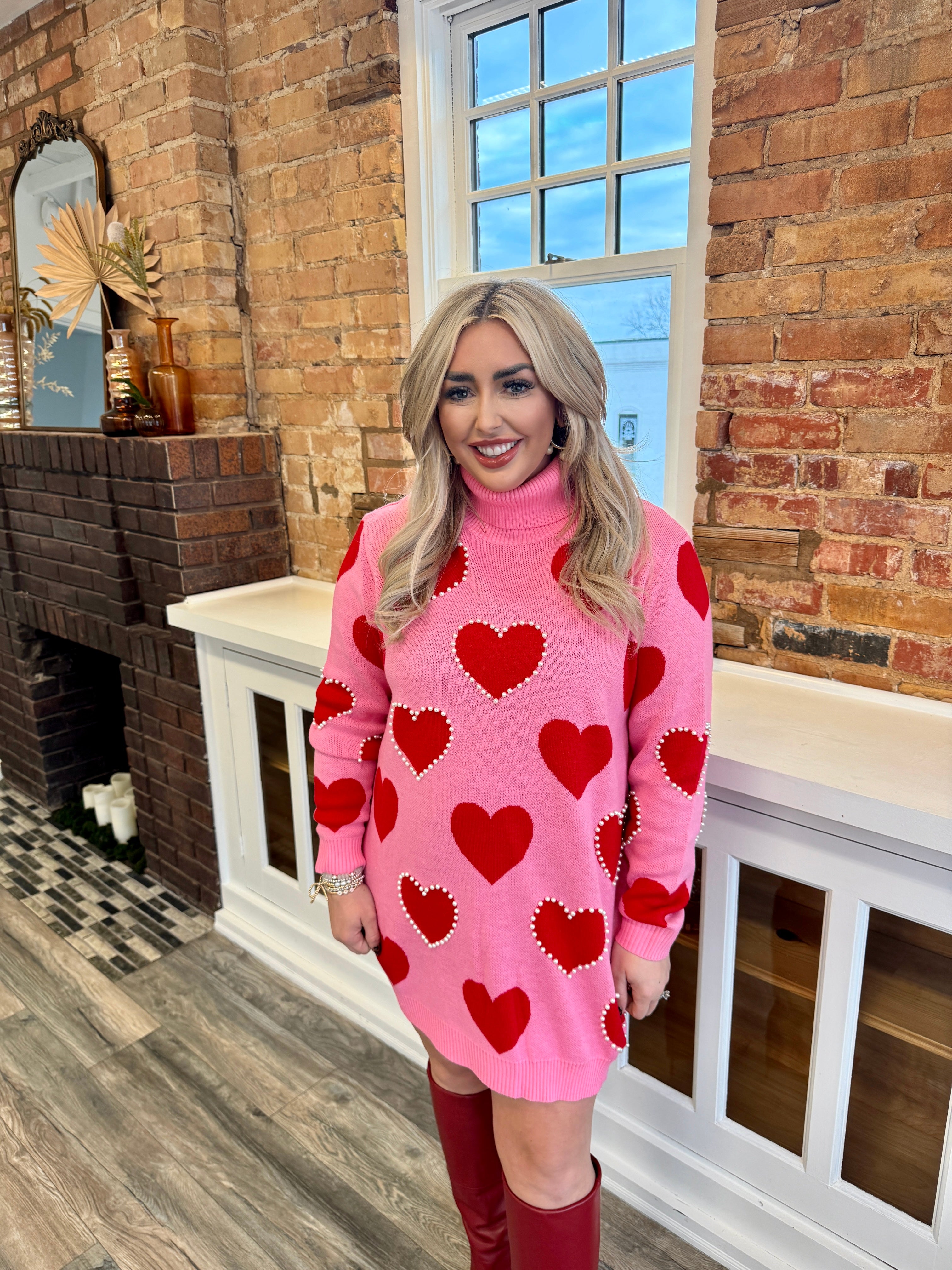 Pink Sweater Tunic W/ Red Hearts & Pearls