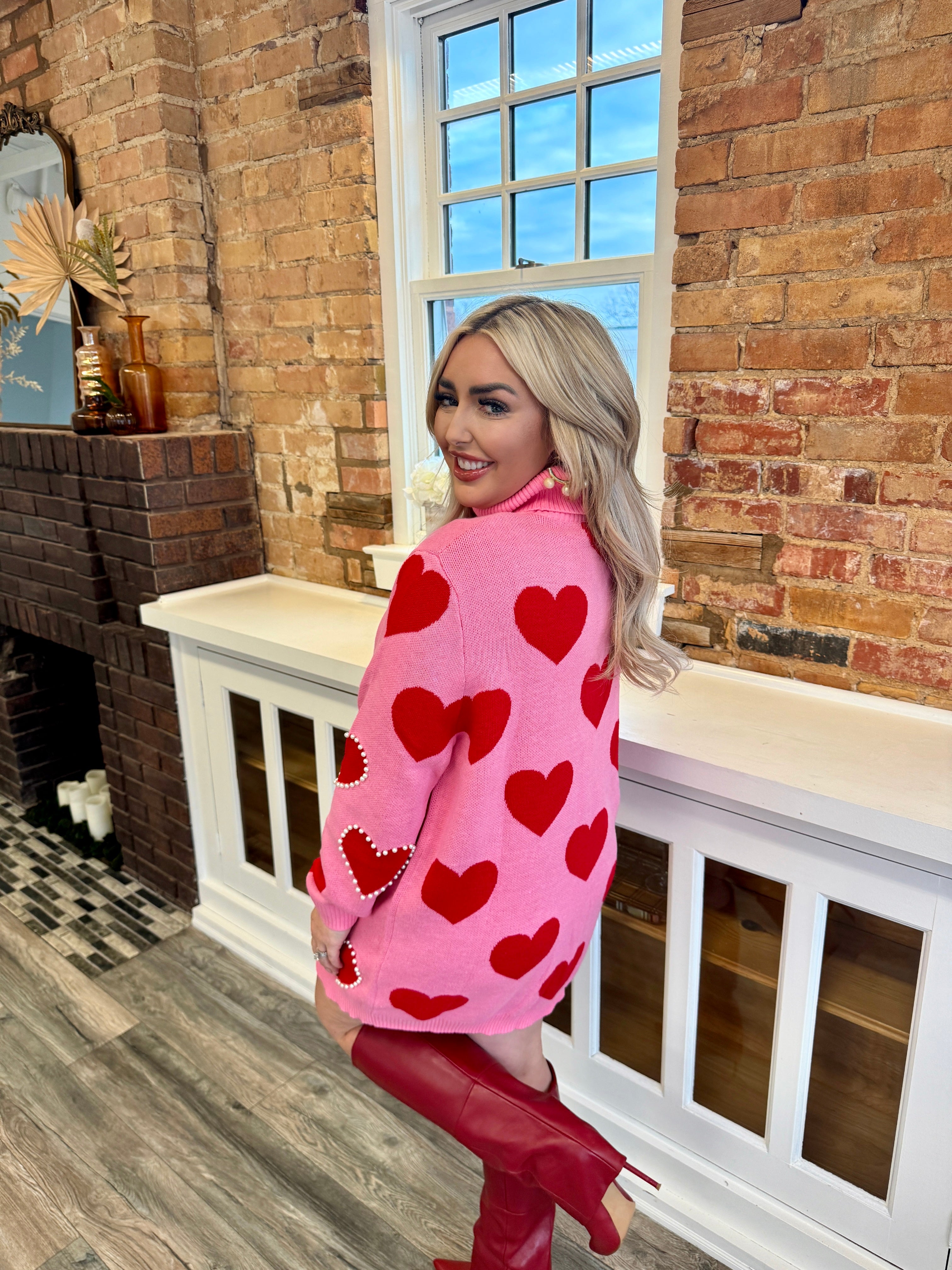 Pink Sweater Tunic W/ Red Hearts & Pearls