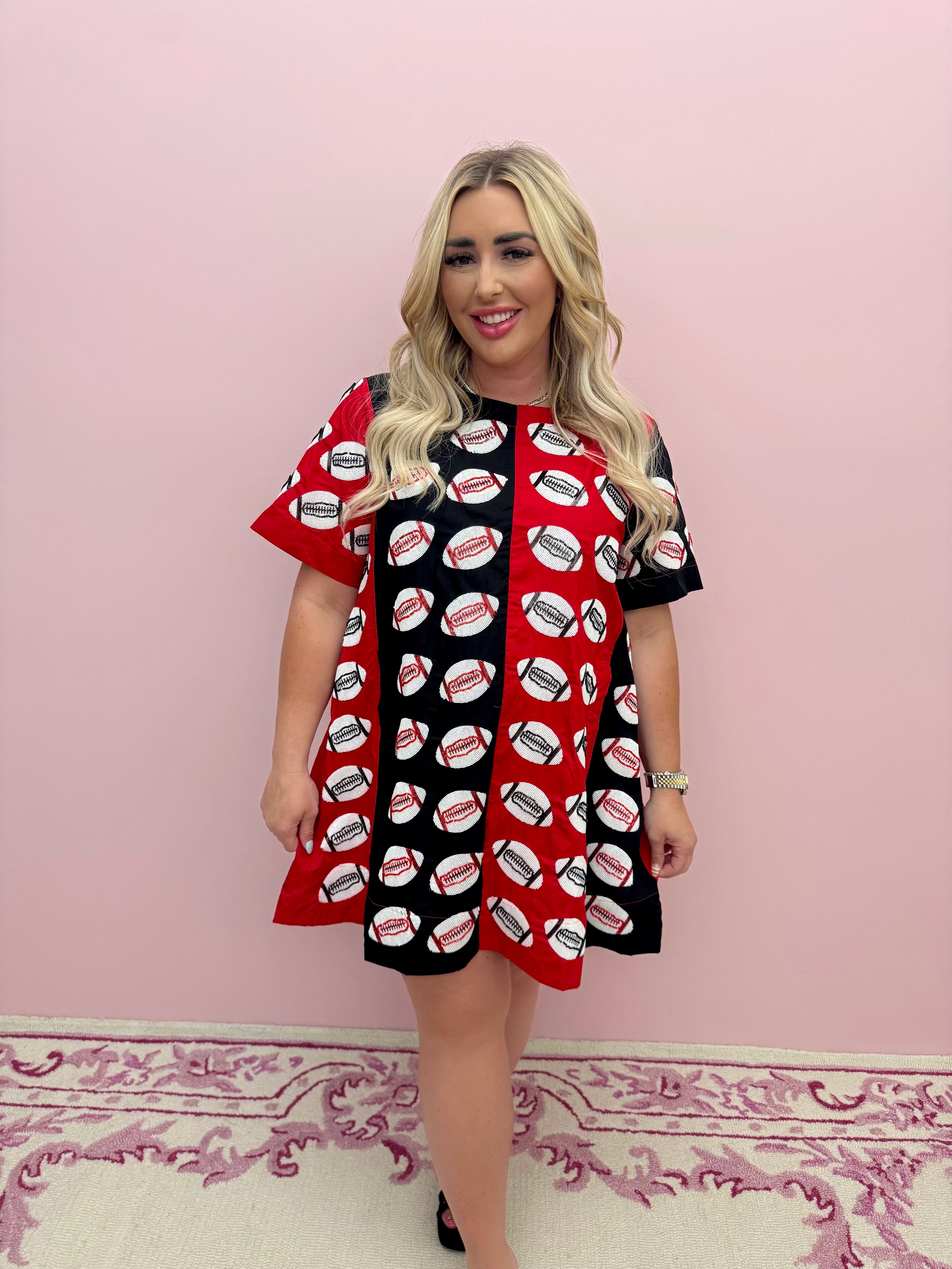 Red & Black Colorblock Football Short Sleeve Dress-Queen Of Sparkles