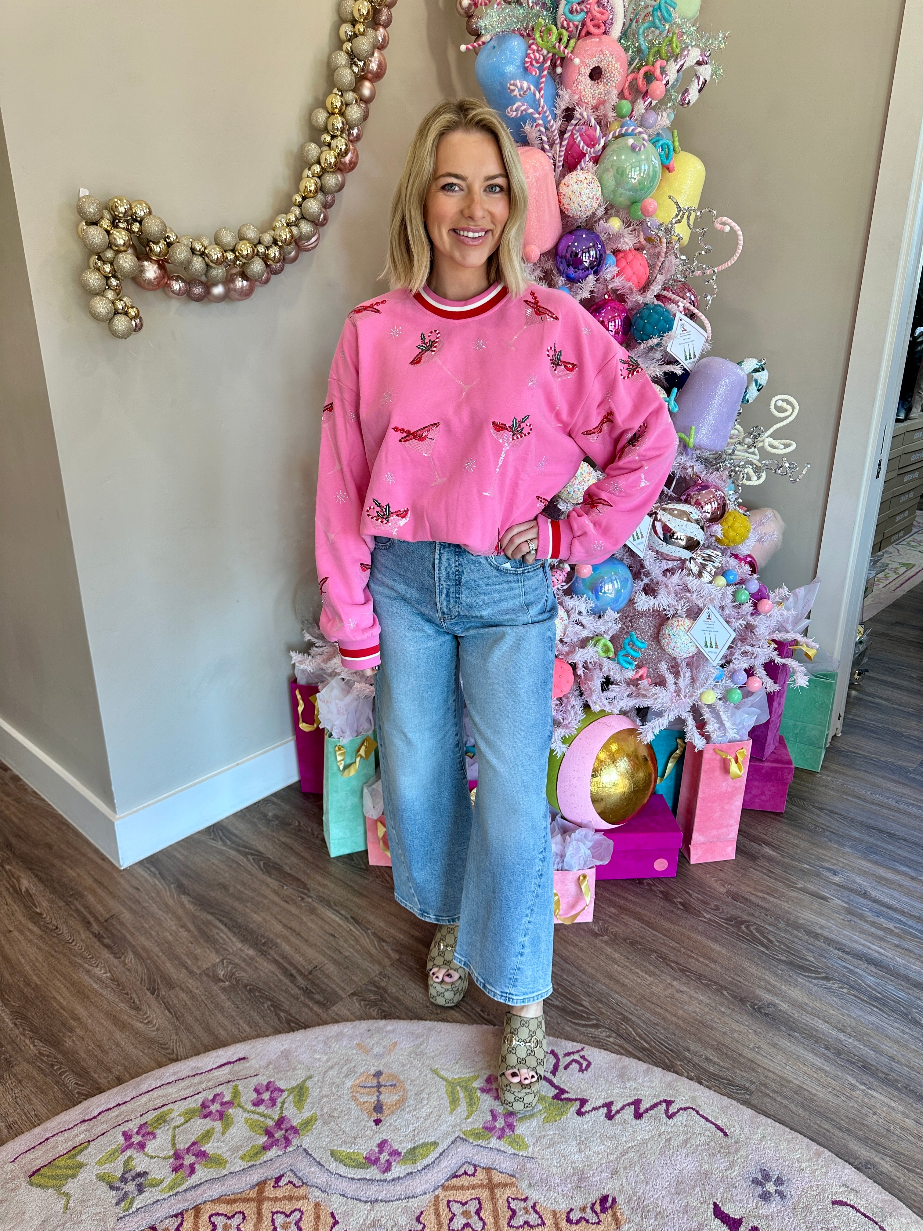 Bright Pink Christmas Cocktail Sweatshirt - Queen Of Sparkles