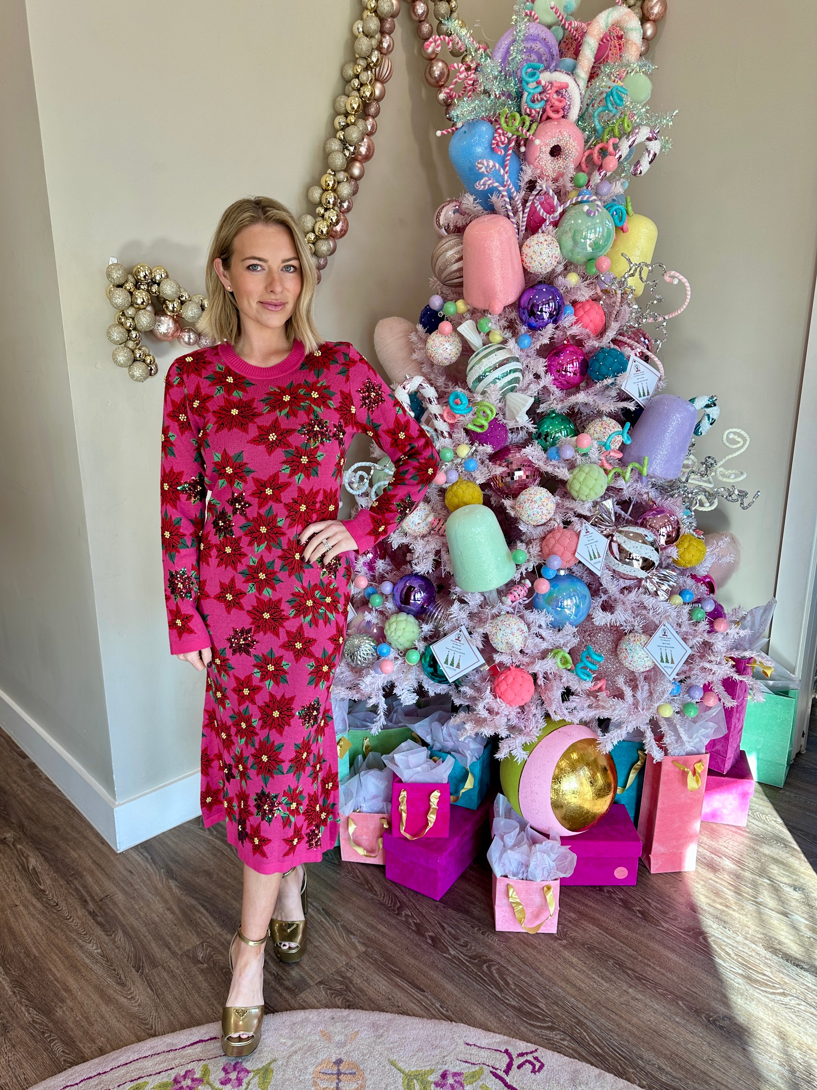 Pink & Red Poinsettia Knit Midi Dress - Queen Of Sparkles