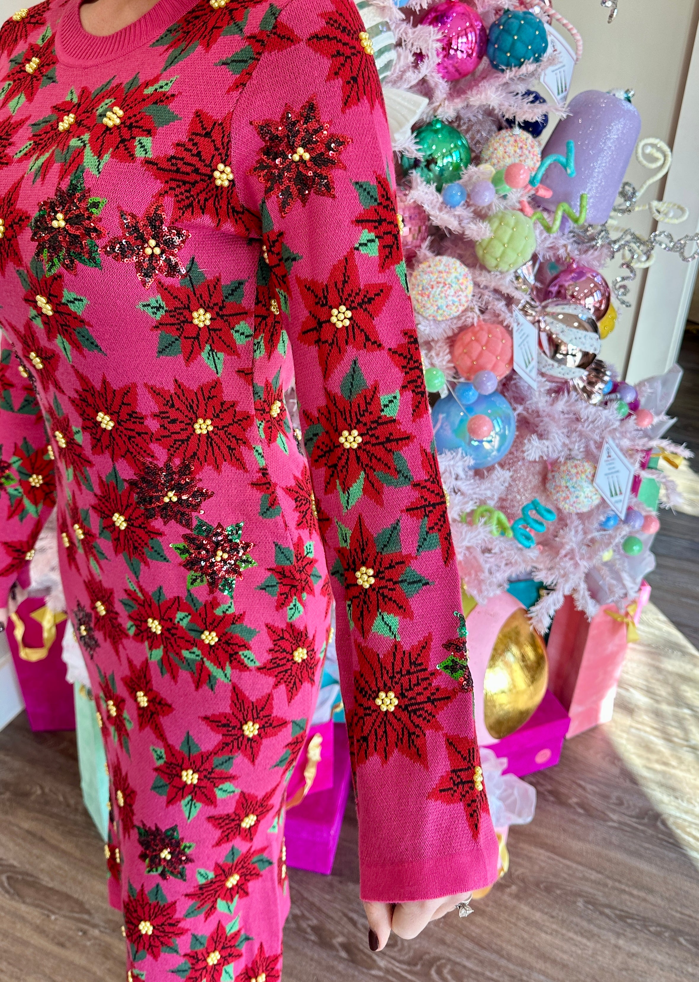 Pink & Red Poinsettia Knit Midi Dress - Queen Of Sparkles