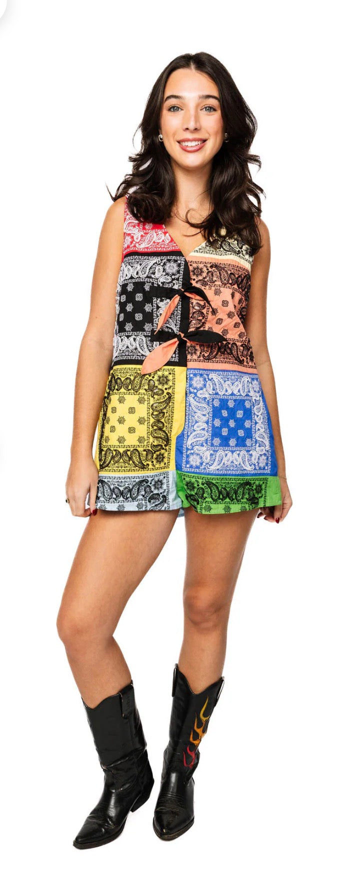 Multi Color-block Tie Cotton Tank Romper - QOS