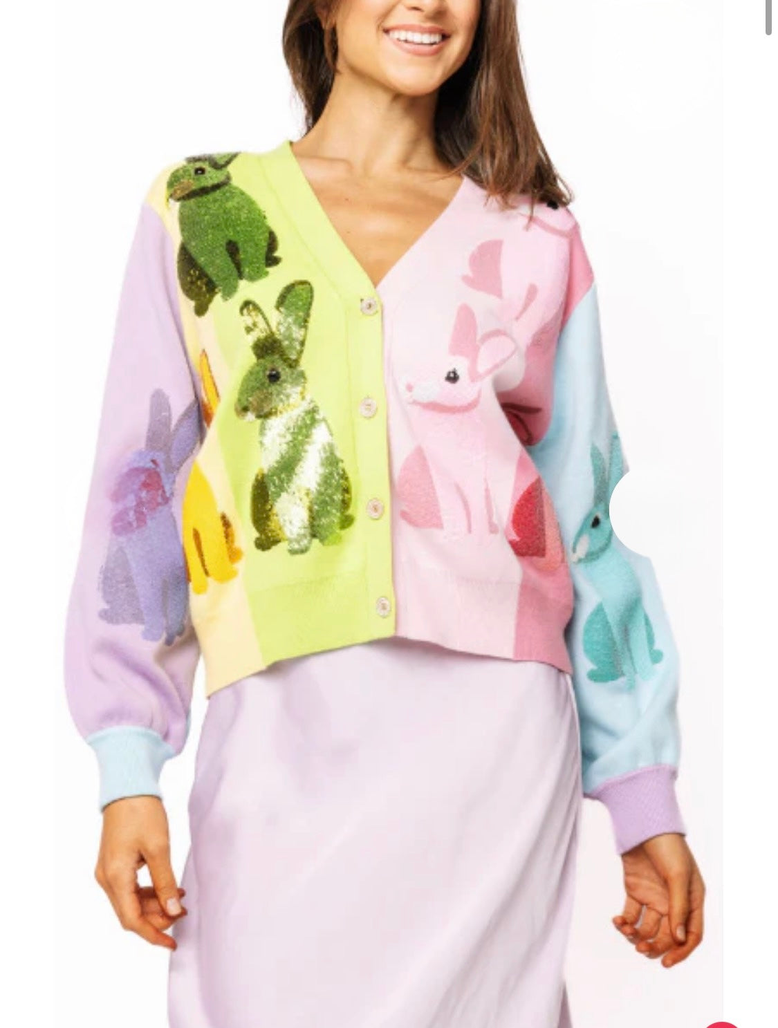 Rainbow Colorblock Easter Bunny Button Up Cardigan- QOS