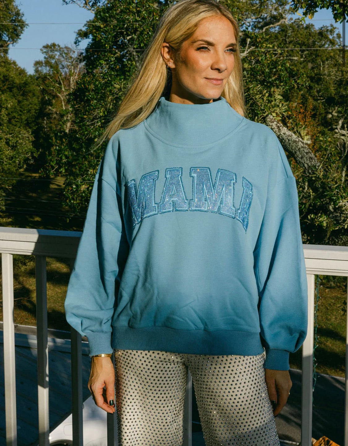 Light Blue “Mama” Mock Neck Sweatshirt - QOS