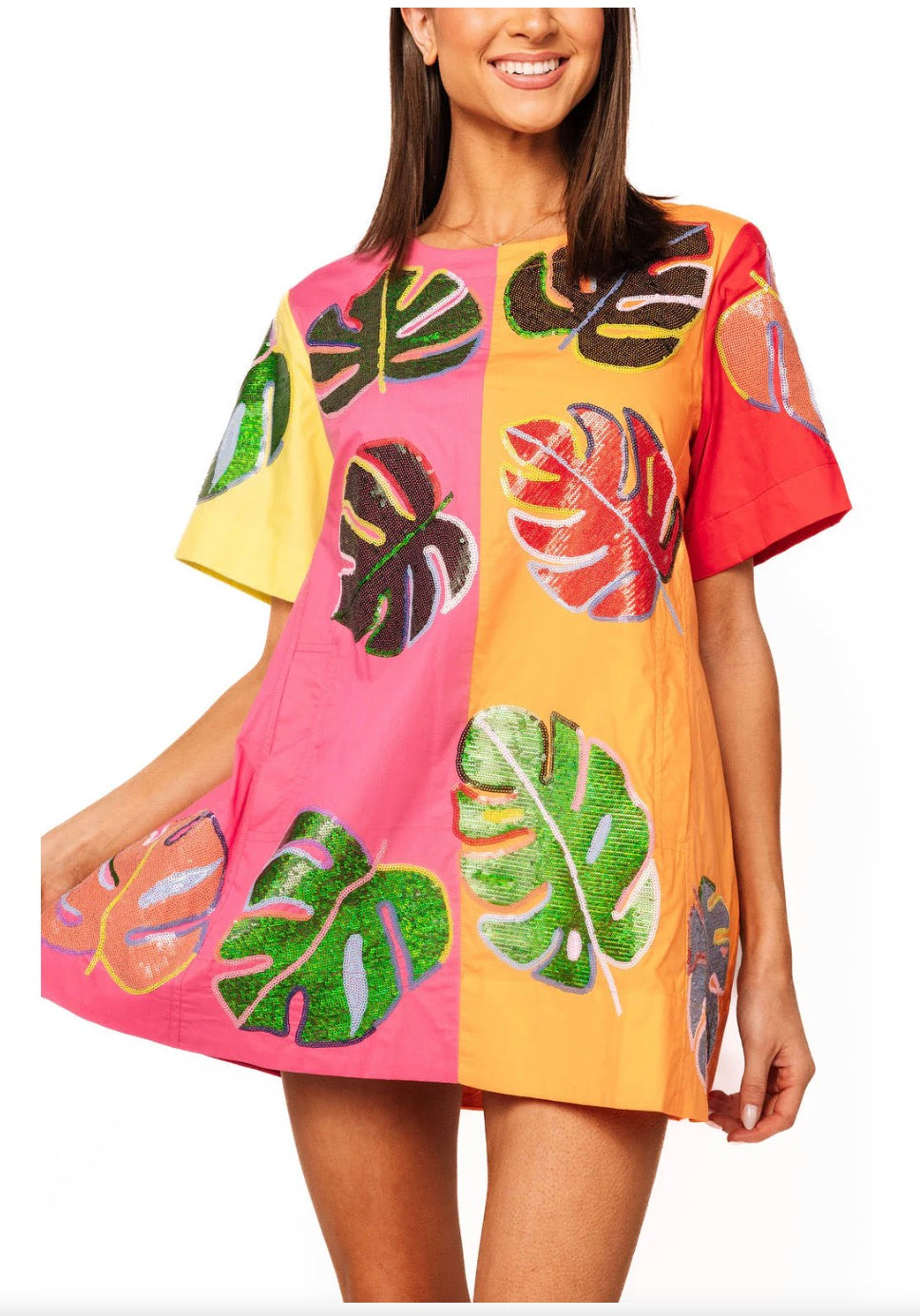 Colorblock Cotton Palm Leaf Short Sleeve Dress - Queen Of Sparkles